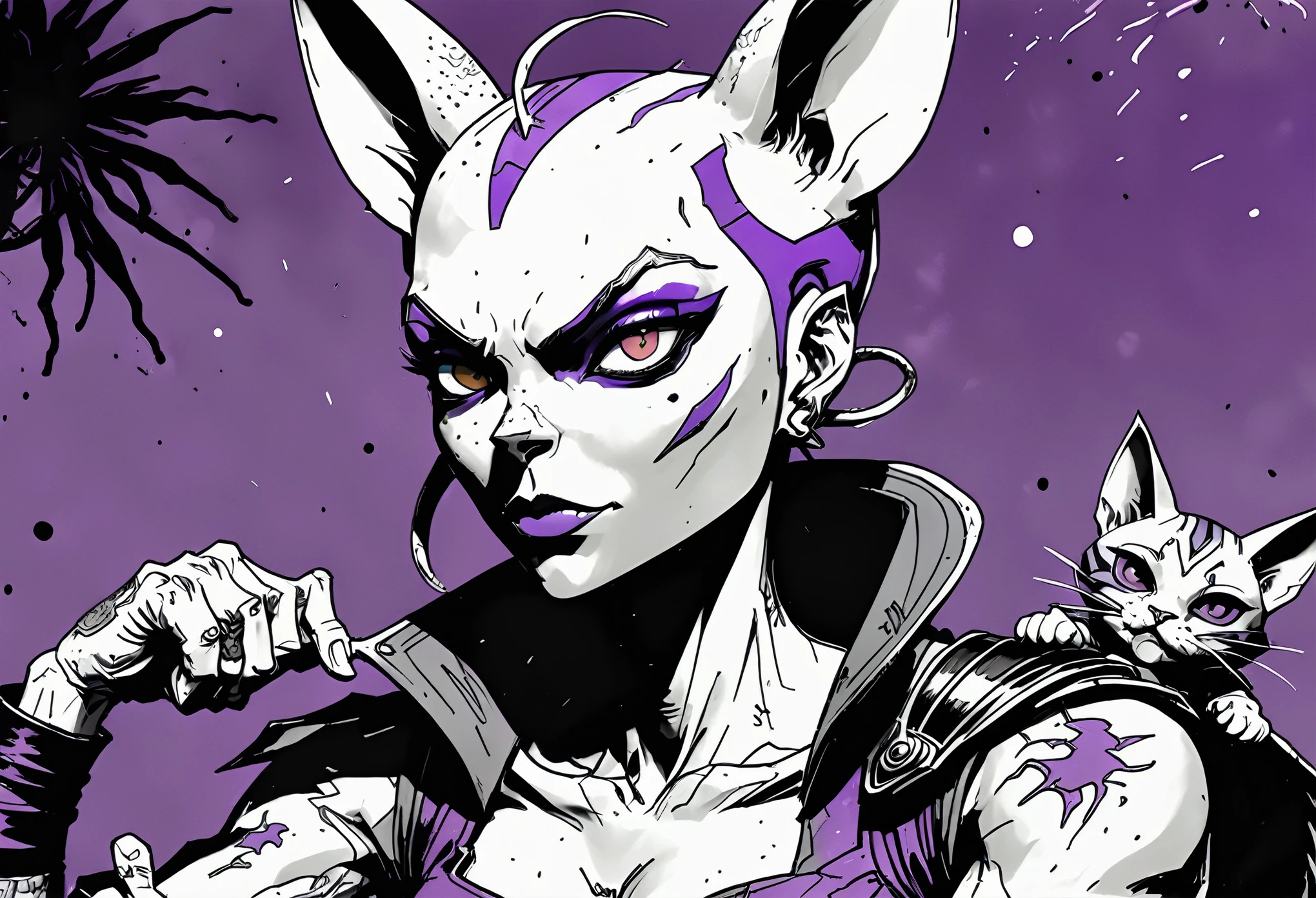 black and white, shades of gray expressive ink lines, ink line drawing, hand drawn, cel shading, anime style, Tank Girl (Australian outlaw, punk, Jamie Hewlett style reference), petting the hairless cat beerus in her lap (Dragon Ball Z purple cat), cel shading, rich color grading, depth, hyper maximal, strange, intense, nuanced, precise, bold harsh ink art style,