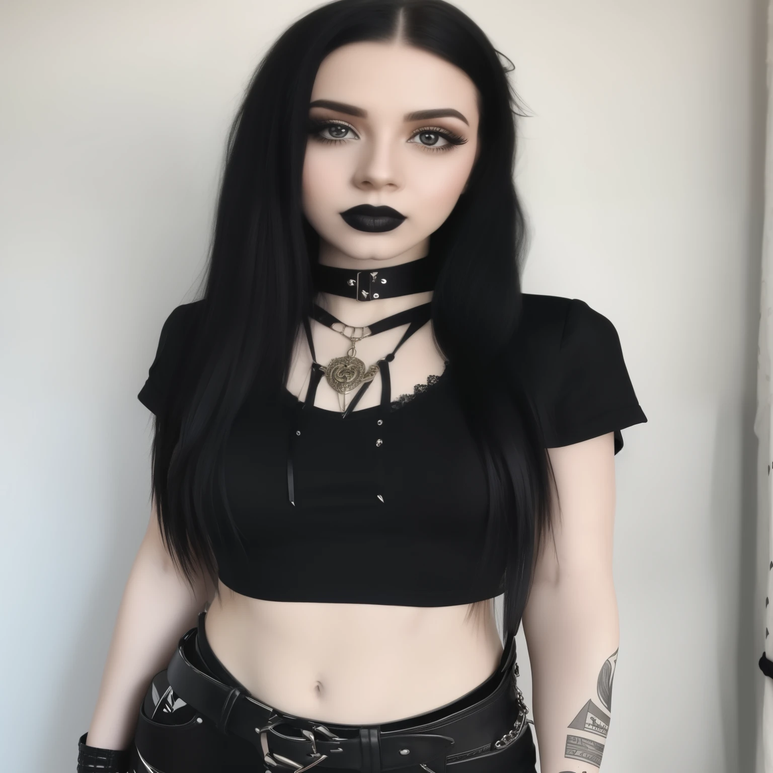 ((Masterpiece)) ((Perfect Face)) ((Beautiful)) Young goth woman wearing a black tee shirt and tight jeans. She has black hair, green eyes, pale skin, black lipstick, and an hour glass figure