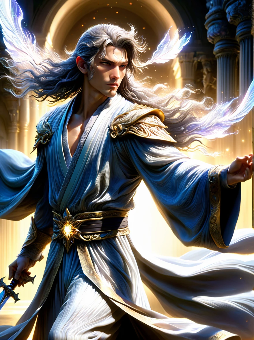 masterpiece，1 male，aldult，Beautiful face，young，advanced，Antique theme，Fairies，Ancient costumes，holding sword，Sunlight，street，Long hair flying，Sunlight，Background style，breeze blowing，Loose robe，fantasy landscape，Starlight around the character，（whole body），(first-person view, pov, UHD, retina, masterpiece, ccurate, anatomically correct, textured skin, super detail, award winning, 8k)