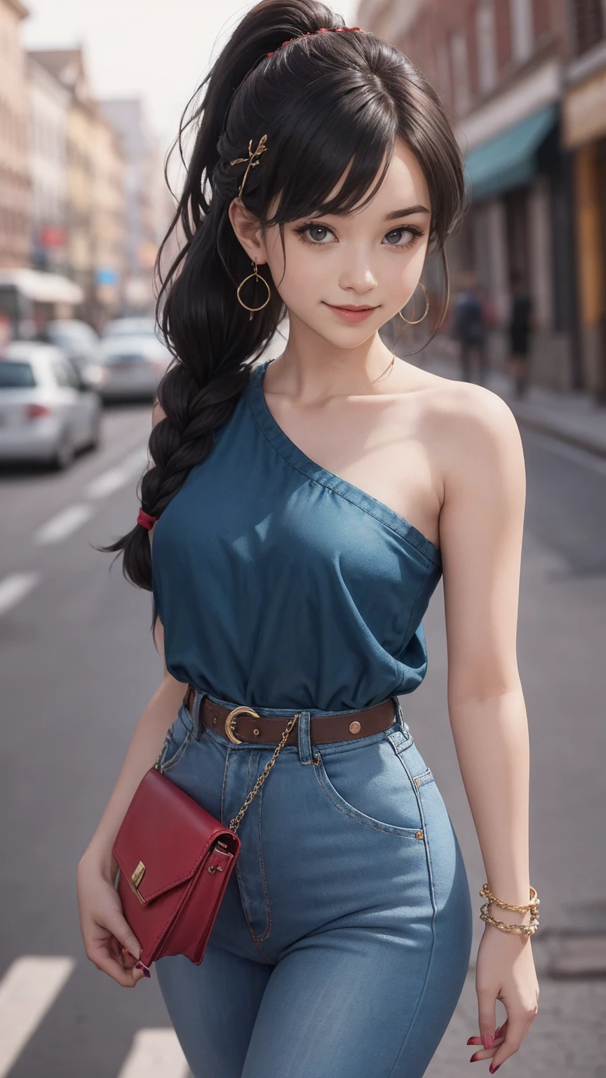 最high quality, 8K, masterpiece: 1.3, Ultra HD, high quality, 最high quality, High resolution, realism)) 、25 year old white woman、brunette、blue eyes、long hair、smile、slender、slenderだがアスリートのような細マッチョ、I don't want my head to disappear from the screen.、Wear accessories on your wrist、Wearing red nail polish、I have a peticure、aerial perspective((atmospheric perspective))、smile((smiley))、background blur((depth of field)、Wear a sheer one-shoulder dress、Wear low rise skinny jeans、Wear stiletto heels、have a clutch bag、City center background、crystal earrings((crystal earrings))、Braided ponytail((braided ponytail))、Bangs at the parting((parted bangs))、Barrette((hairclip))Put on