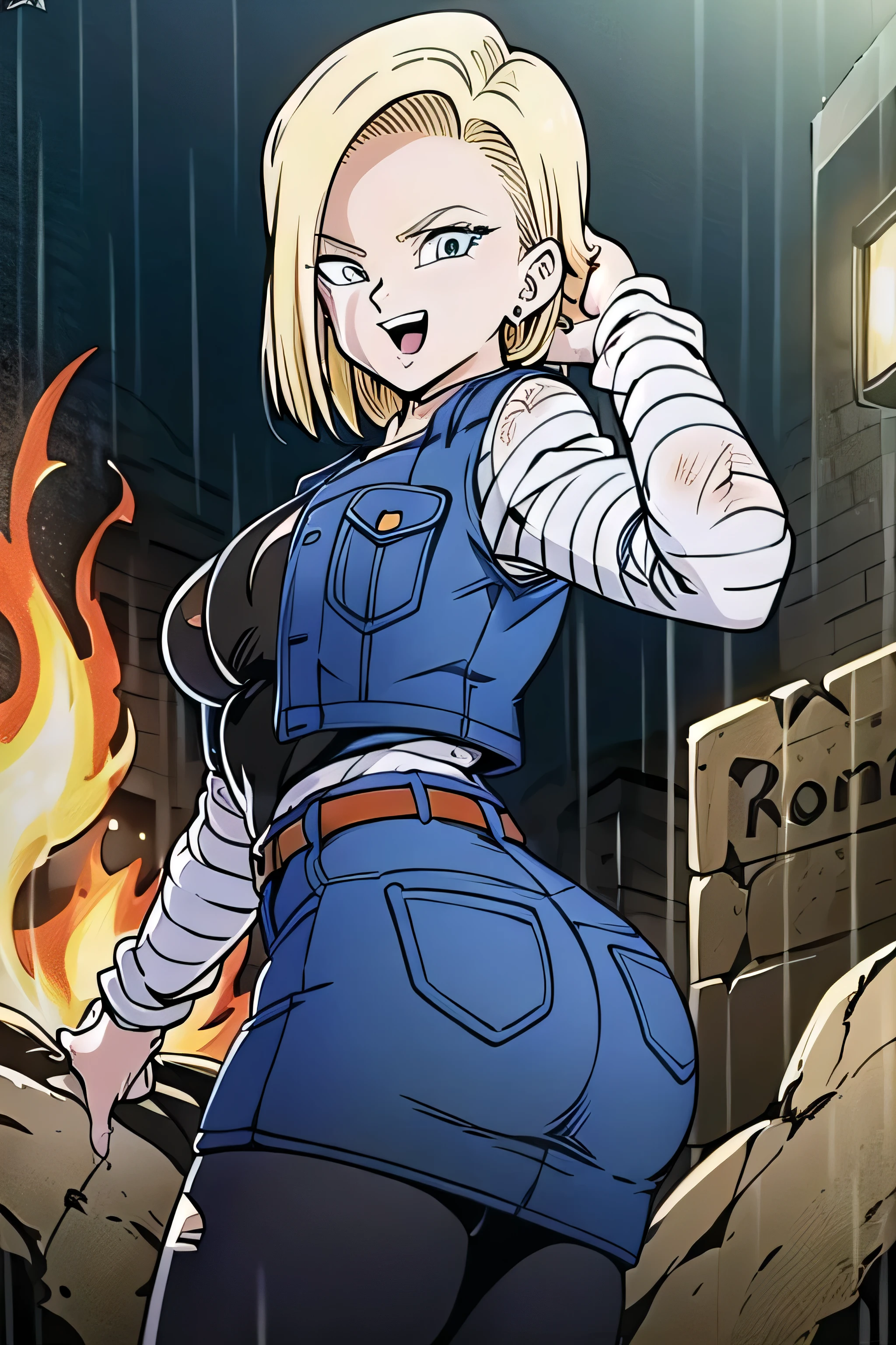 masterpiece, detailed face, retro artstyle, 1990s \(style\), 
android 18,  classic look, 1girl, solo, looking at viewer, short hair, blue eyes, blonde hair, collarbone, 
cowboy shot, (laughing), evil, touching hair,
fire, smoke, ruined city, wet hair, rain, 
black shirt, denim jacket, vest, striped sleeves, belt, denim skirt, black pantyhose, 
 ((nice ass)), ((large breasts))