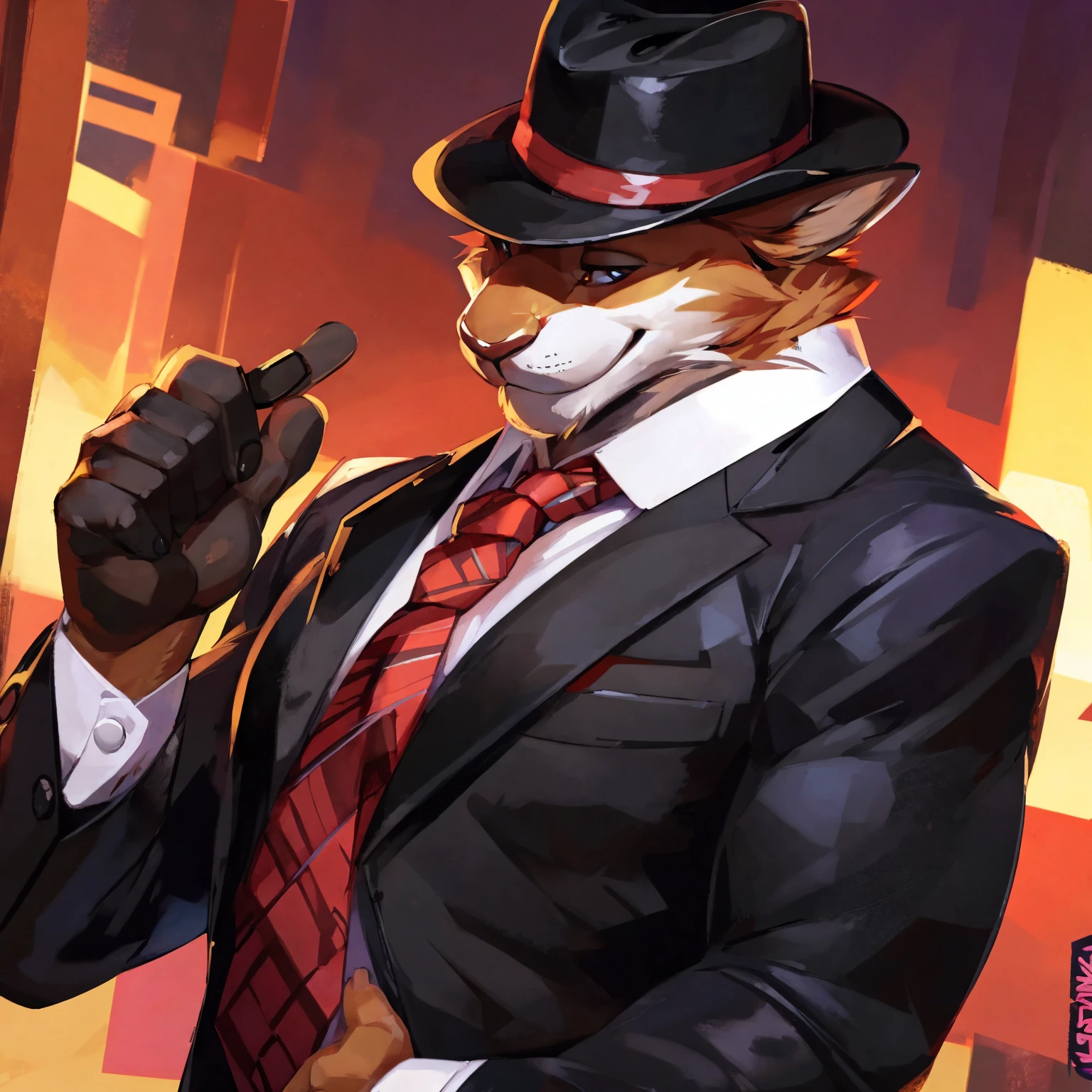 Rabbit in tuxedo, with black hat, fedora, two ears, black suit, By mystikfox61