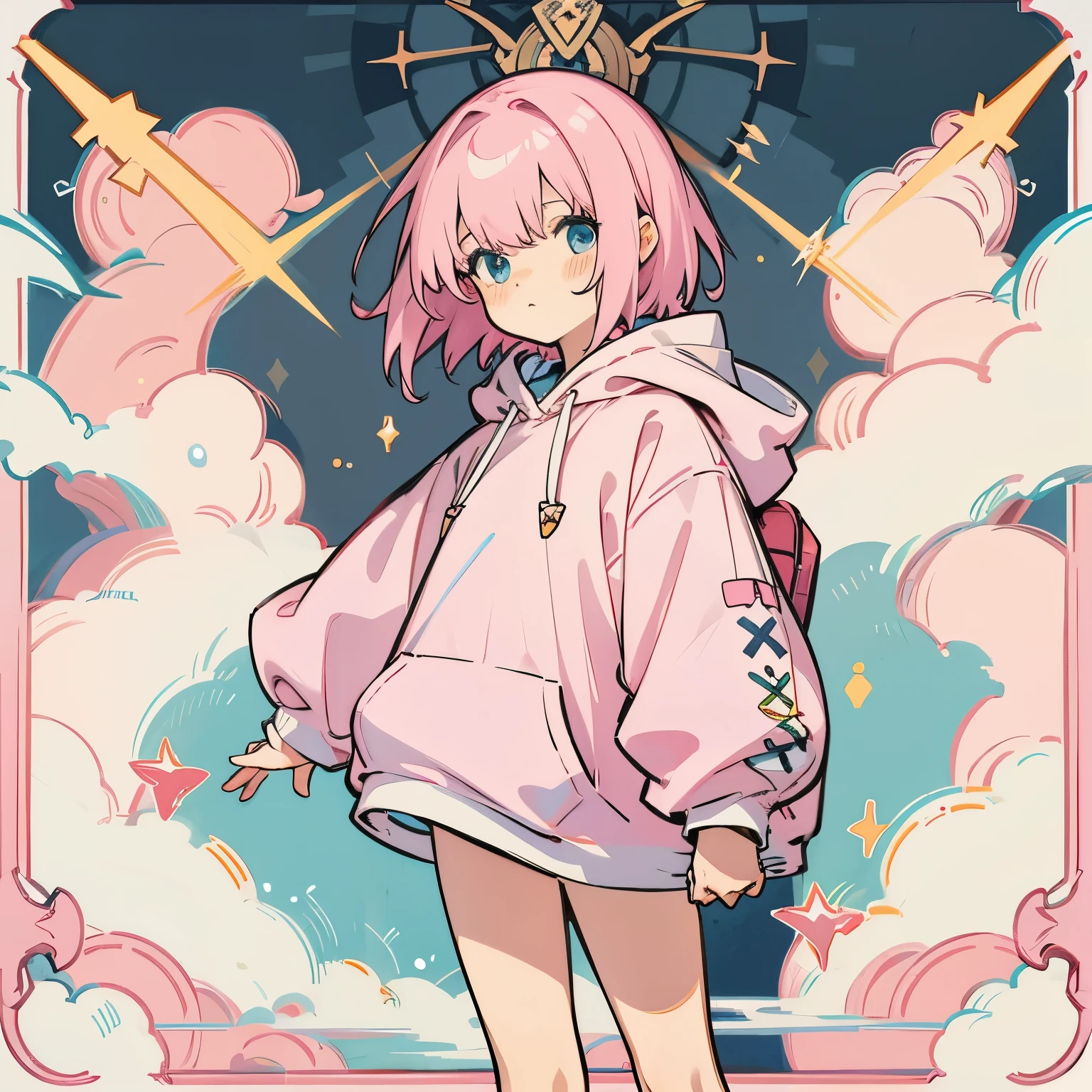 Girl, short light pink hair, short 4’11, wears axololtl hoodie