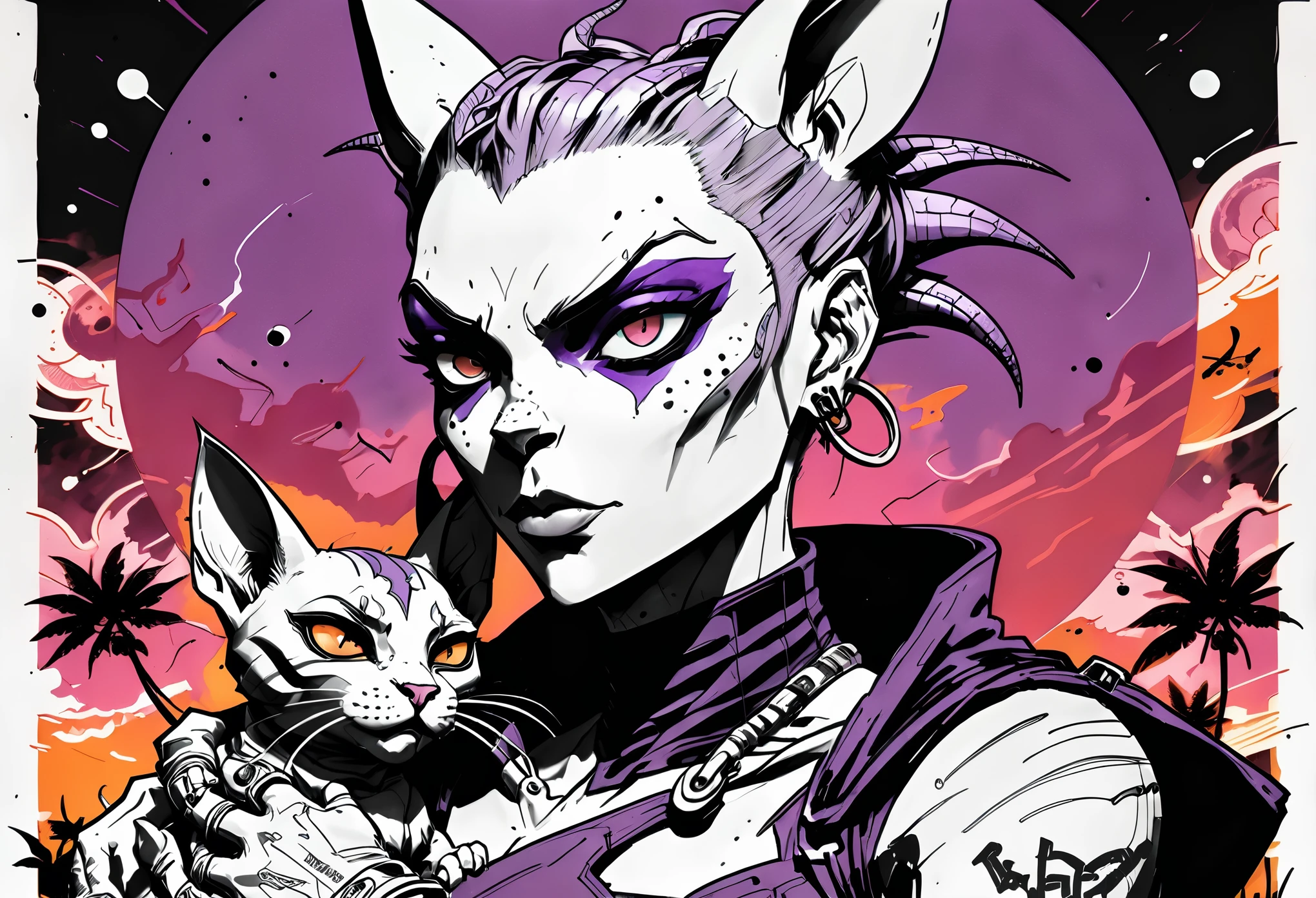 black and white, shades of gray expressive ink lines, ink line drawing, hand drawn, cel shading, anime style, Tank Girl (Australian outlaw, punk, Jamie Hewlett style reference), petting the hairless cat beerus in her lap (Dragon Ball Z purple cat), cel shading, rich color grading, depth, hyper maximal, strange, intense, nuanced, precise, bold harsh ink art style,
