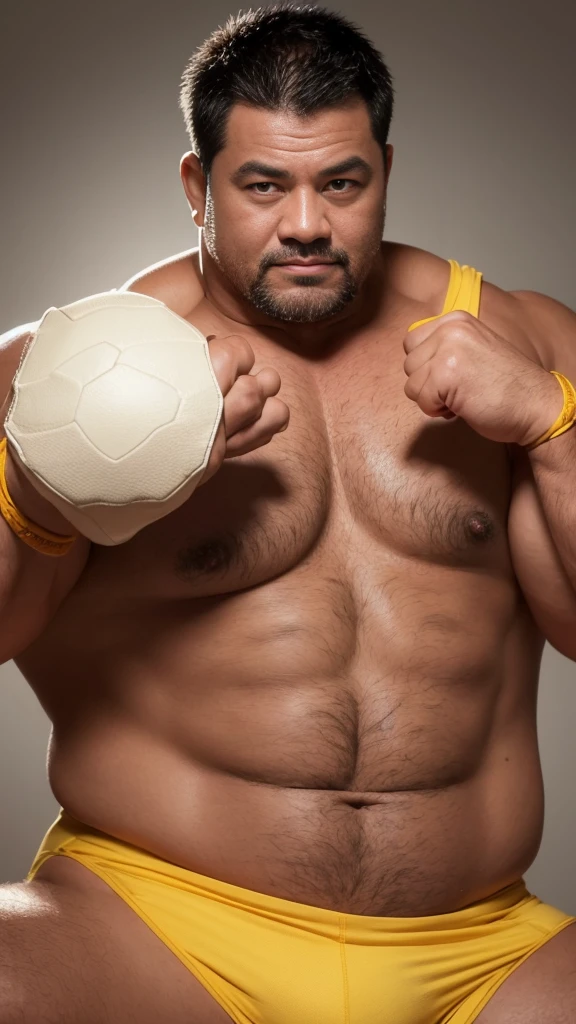 black hair, middle-aged man, individual, male, Muscular wrestler, muscular, Stout wrestler, Asian, Japanese, uncle, 55 year old middle-aged man, short hair, short hair, yellow wrestling boots, full body portrait, shadow, Vision, yellow briefs, obesity, 45 years old, short beard, middle-aged man, tattoo, fingerless gloves, Wheat skin, shiny skin, dark skin, Show your pectoral muscles, sumo wrestler, bodybuilder, wide temples, Visible abdominal muscles, Smile, Fine hands, solid color background, pure white background, Surrealism, Panorama, 8k, super detail，