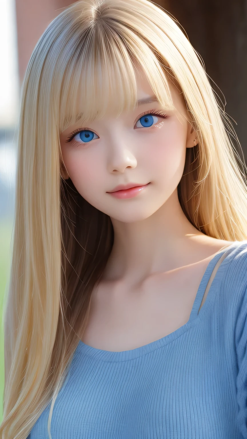 perfect beautiful face、20 year old beautiful cute girl、Sexy and very beautiful cute face、beautiful cute sexy sky blue eyes、very super long beautiful shiny silky straight pearl blonde hair、Super long beautiful bangs、white skin、Shiny skin、gross face、cheek gloss、hair above eyes、片hair above eyes、hair between eyes、