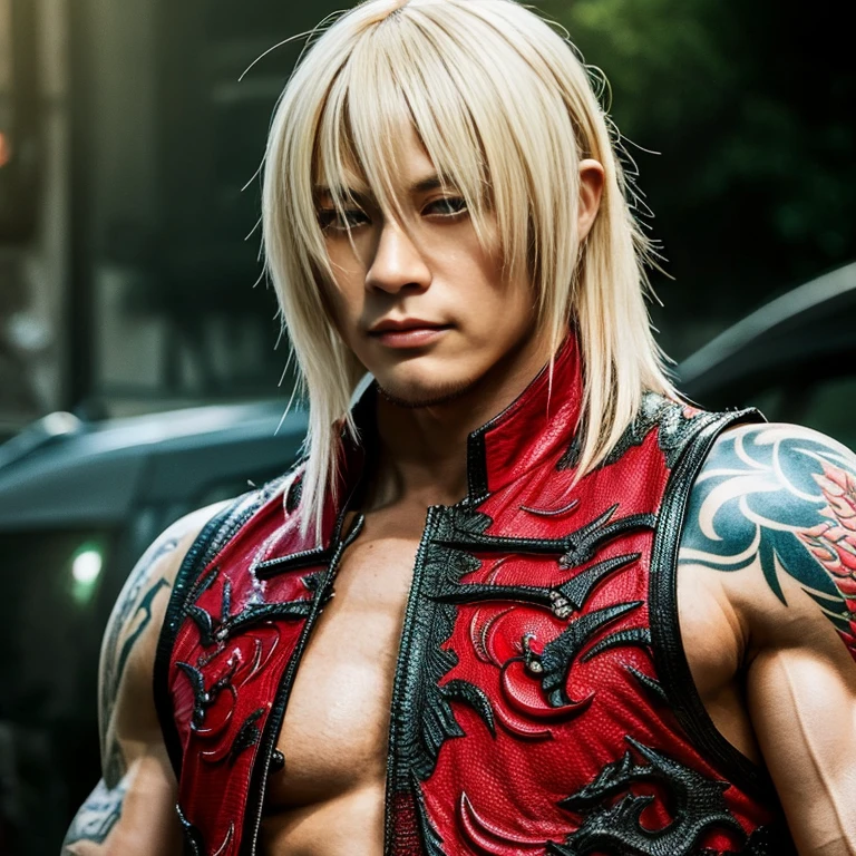 1 man, Japanese man, male, Asian eyes, muscular, broad shoulders, dragon tattoos, hairstyle Visual Kei style, hair Visual Kei, outfit H.R. Giger, ultra detailed face, hyperrealistic, realistic representation, long hair, long hair, 30 years old, age 30 years, blond, blonde hair