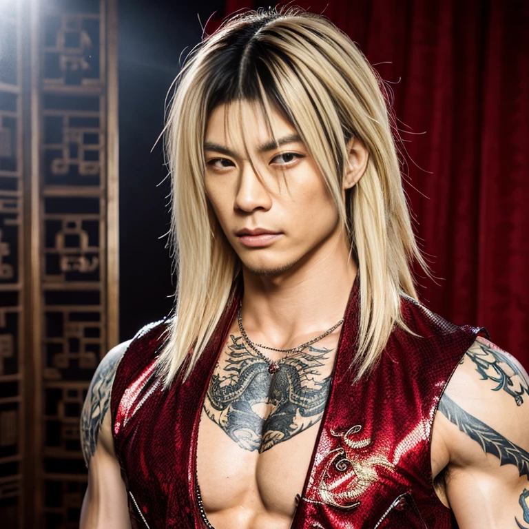1 man, Japanese man, male, Asian eyes, muscular, broad shoulders, dragon tattoos, hairstyle Visual Kei style, hair Visual Kei, outfit H.R. Giger, ultra detailed face, hyperrealistic, realistic representation, long hair, long hair, 30 years old, age 30 years, blond, blonde hair