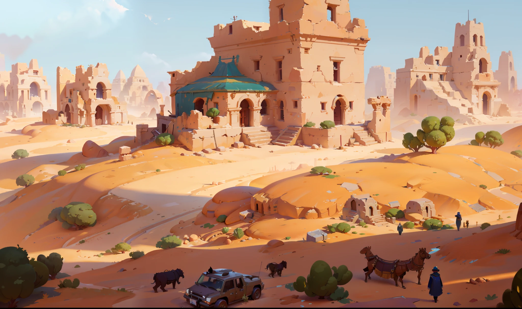 There are desert scene Egyptian architectural ruins, background art, Painted into game concept art, Stylized concept art, Background art, Desert Environment, Architectural Heritage Background, Digital Painting concept art, concept art, Sand and Desert Environment, concept art Style, Architectural Heritage, 2d concept art, Desert Wasteland, Environment, Landscape game concept art