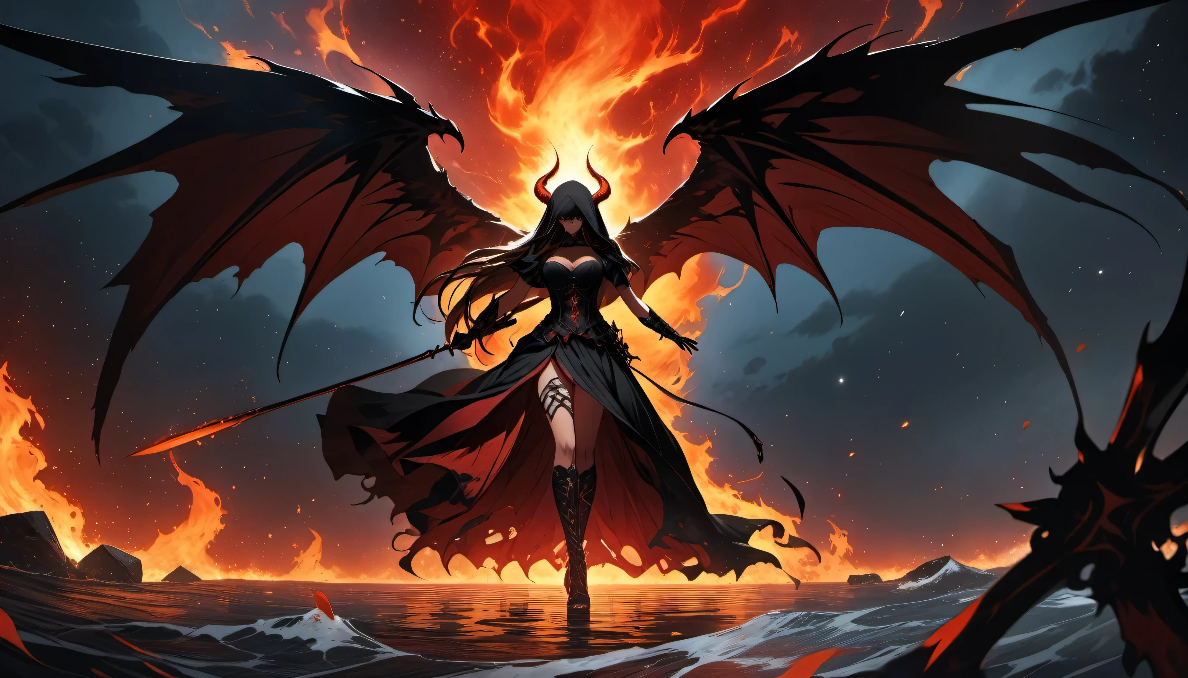 (dark skin), (demon horns), (well-defined eyes, high resolution, ultra detailed) large breasts, Immortal temptation takes over my mind Condemned Fallen weak on my knees, summon the strength Of mayhem I am the storm that is approaching Provoking black clouds in isolation I am reclaimer of my name Born in flames, I have been blessed My family crest is a demon of death Forsakened, I am awakened A phoenix's ash in dark divine Descending misery Destiny chasing time Inherit the nightmare, surrounded by fate Can't run away Keep walking the line between the light Led astray Through vacant halls I won't surrend 5r The truth rev 5aled in eyes of ember We fight through fire and ice forever Two souls once lost, and now they remember I am the storm that is approaching Provoking black clouds and isolation I am reclaimer of my name Born in flames, I have been blessed My family crest is a demon of death Forsakened, I am awakened A phoenix's ash in dark divine Descending misery Destiny chasing time Disappear into the night Lost shadows left behind Obsession's pulling me Fading, I've come to take what's mine Lurking in the shadows under veil of night Constellations of blood pirouette Dancing through the graves of those who stand at my feet Dreams of the black throne I keep on repeat A derelict of darkness, summoned from the ashes The puppetmaster congregates all the masses Pulling strings, twisting minds as blades hit You want this power? Then come try and take it Beyond the tree Fire burns Secret love Bloodline yearns Dark minds embrace Crimson joy Does your dim heart Heal or destroy? Bury the light deep within Cast aside, there's no coming home We're burning chaos in the wind Drifting in the ocean all alone