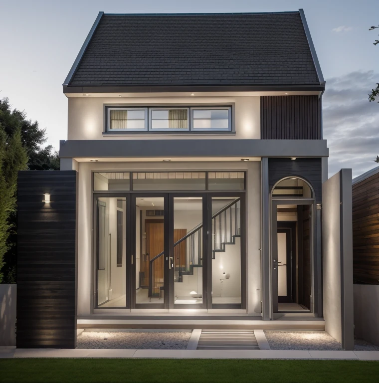 a rendering of a modern house and a garden, modern style, beautiful roof, green grass ultra realistic, garden in the front yard, house gate decorated with natural stone, sofa, tv, blind, garden furniture, at sunset ultra realistic, interior lights ultra realistic, exterior design, high quality rendering, subdivision, highly realistically detailed, award-winning render, complex and detailed