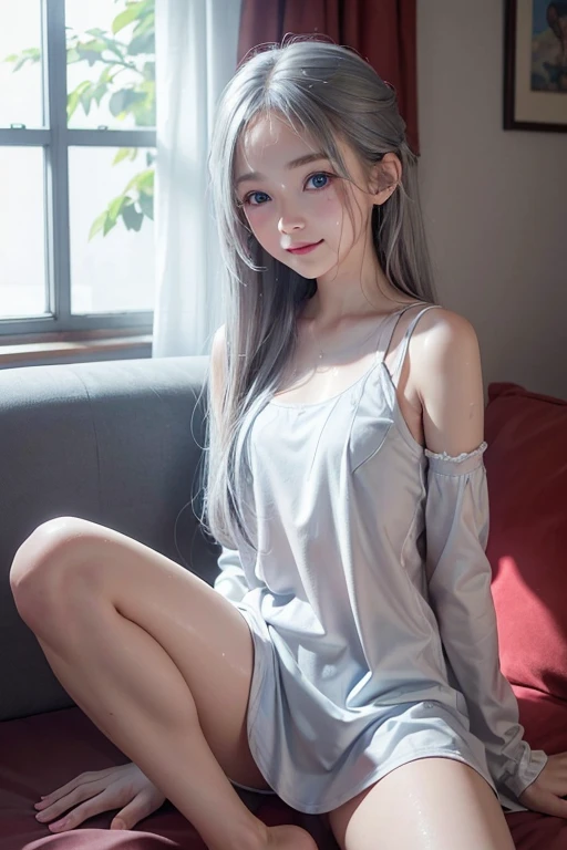 girl, long silver hair, blue eyes, 3rd grade elementary school student, small breasts, white skin, 、、long eyelashes、child、Upper body、Photoreal、ultimate image quality、8K quality、Ultimate 、girl 、、short、Smile、No sleeve、sweaty、soaking wet、living room、cheeks are red、open legs