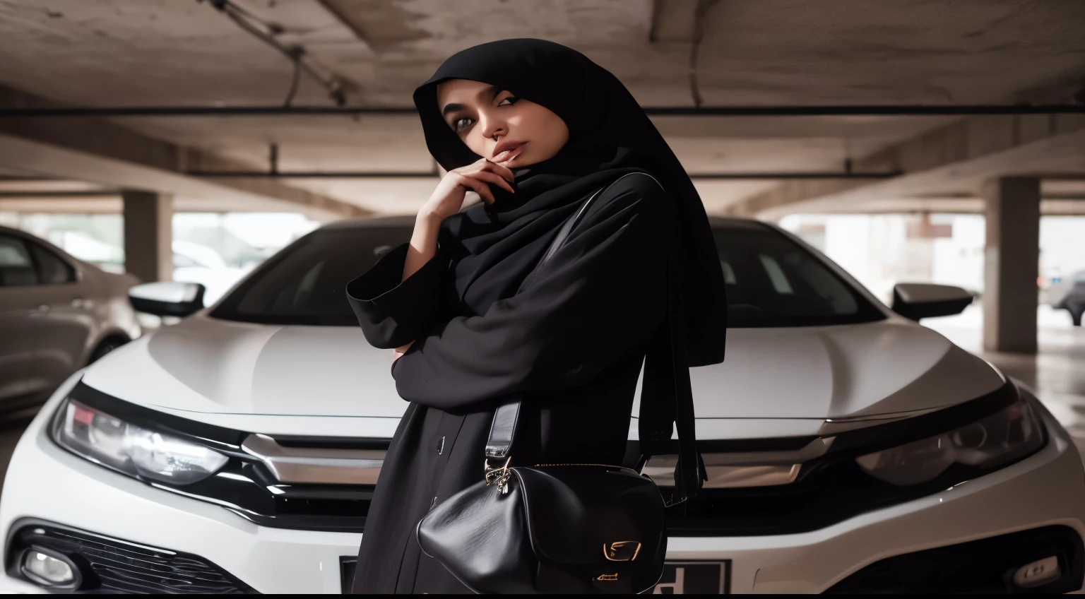 araffe woman in black hijab standing in front of a white car, monochrome, inspired by Fathi Hassan, shot with sigma f/ 4.2, mid shot portrait, shot with sigma f / 4. 2, in front of a garage, shot on sony a 7, portrait shot, shot with iphone 1 0, shot on canon eos r 5