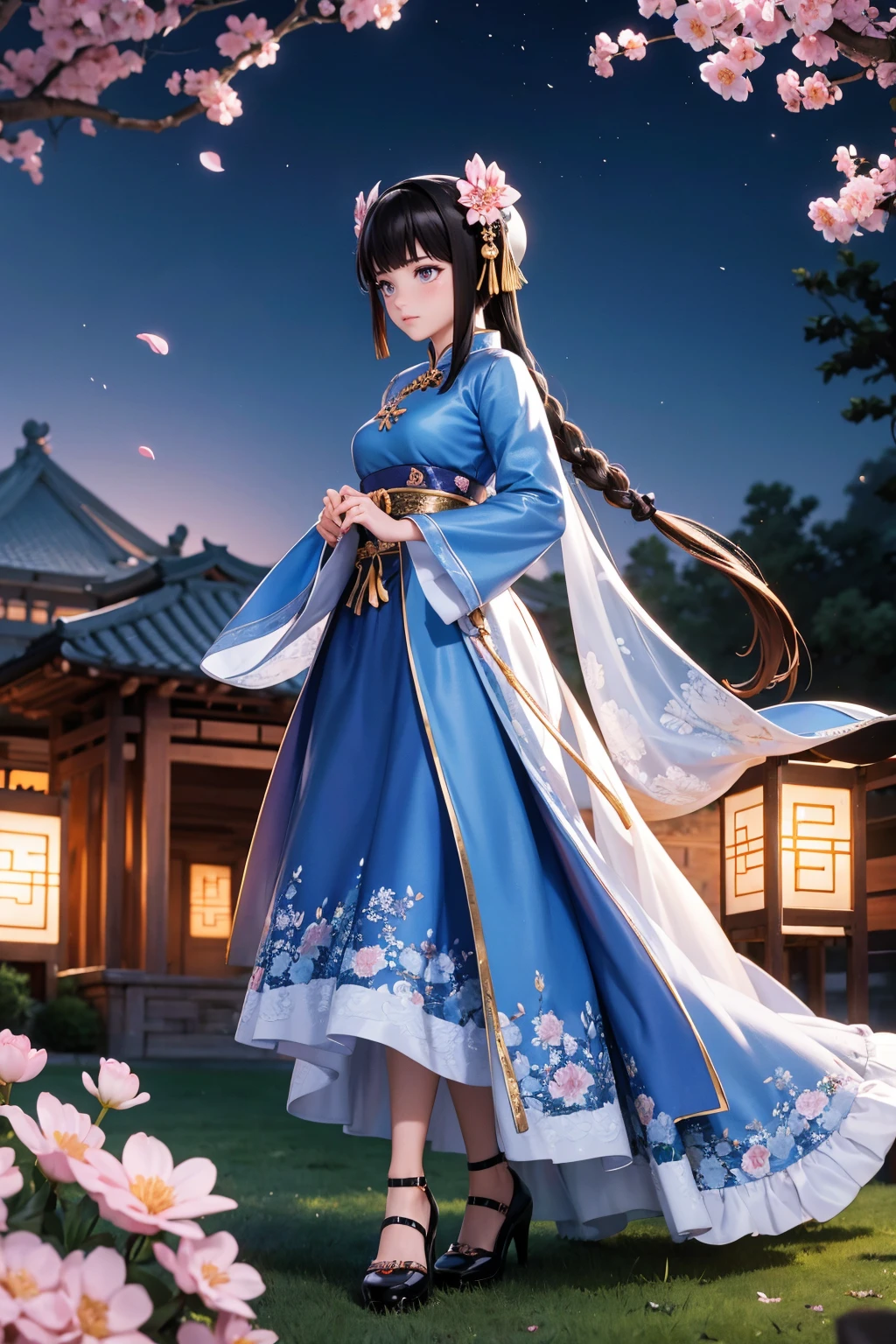 (best quality,high resolution,clear image:1.2),Super detailed background,Aesthetic woman standing,Chinese style clothes,delicate petals,garden scene,Under the moonlight,romantic atmosphere,Dutch Angle Shot,soft light,helmet