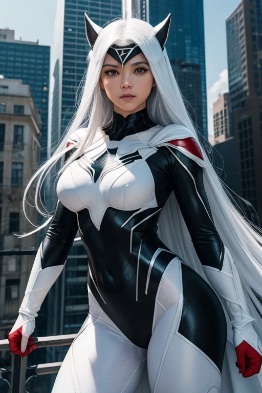(Obra-prima、4k resolution、Um hiperrealista、altamente detalhado、vire as costas), (White superhero theme、carisma、Leaves&#39;uma garota vestida de homem-aranha branco sobre a cidade.、de costas。she is a superhero)、 [((25 anos de idade)、(Cabelo longo rabo de cavalo preto:1.2)、Esbian de corpo inteiro、(olhos azuis:1.2))、((Entorno urbano arenoso):0.8)|(Uma paisagem urbana、noite、dynamic light)、(lua cheia)]#ilustrar:Indications are mainly ultra high definition、Muito real、Descreve pinturas 4K altamente detalhadas。A superheroine in a white Spider-Man costume is pictured high above the city.。The subject of the photo is black superheroes。