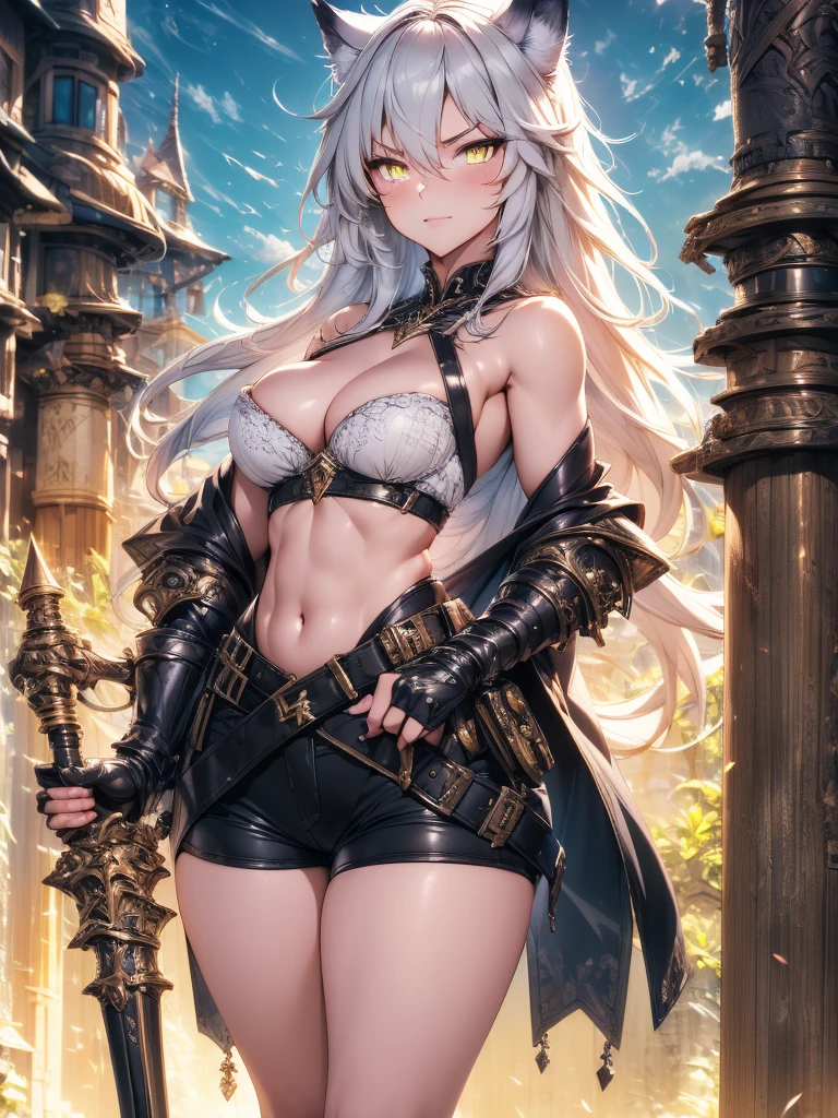 Full body portrait, single woman, especially detailed face, masterpiece, 4k, wallpaper, highlydetailed face, ultra-detailed face, voluptuous, big breasts, curvy, long hair, gray-silver hair, a young wolf woman, wolf ears, wolf tail, wolf-like irises, beautiful, enchanting, bright yellow eyes, detailed eyes, ultra-detailed eyes, accurate eyes, detailed irises, correct body proportions, elegant, small vertical scar under right eye, small rosy lips, big breasts, slender elegant arms, pretty hands, detailed hands, charming, slight blush, smug smile, black stylish shorts and top outfit, detached sleeves, light black armor, armored bike shorts, black armored coat, black metal armor, bare off shoulders, toned abs, exposed belly, standing pose, hands on hips pose, sole girl