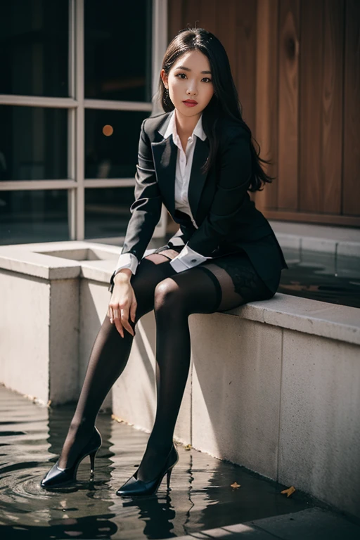 (full body:1.5)，(1 girl:1.3),(view viewer:1.4)，(correct anatomy:1.3),(sitting in a hot spring:1.2),(shy:1.15)，(black suit:1.2),(tanned pantyhose:1.3),( Uniform high heel leather shoes with ribbon for female students:1.1)，(accurate and perfect face:1.3),hyper hd, ray tracing, reflected light， structurally correct, Award-winning, high detail, Brighten the contrast of shadows, face lighting ，cinematic lighting, masterpiece, super detail, high quality, high detail, 最high quality, 16k，high contrast,