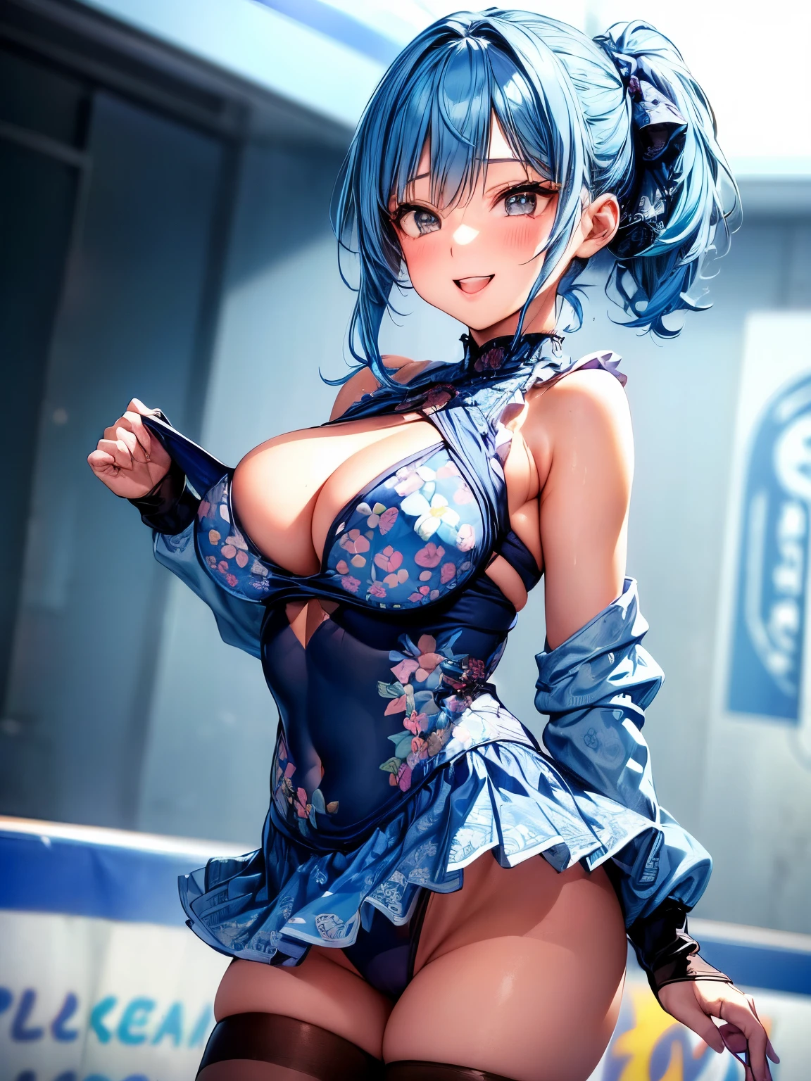 (((Skating rink:1.3)))、sexy woman、(Woman with blue hair)、straight hair woman、((Beautiful busty woman:1.3))、figure skater、 (A woman wearing a long-sleeved figure skating leotard with a blue frilly skirt)、((Leotard with floral pattern:1.2))、nice sexy body、one woman、Woman with a big smile