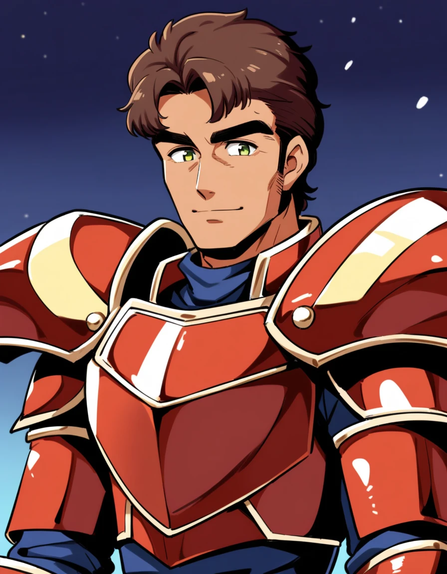 1980s, 1father, musclar Knight, solo, parted bangs, upper waist, 40yo, brown hair, evergreen eyes, red full plate armor, thick brown eyebrow, sanpaku, tanned skin, small eyes, [facial wrinkles], visual novel, light smile