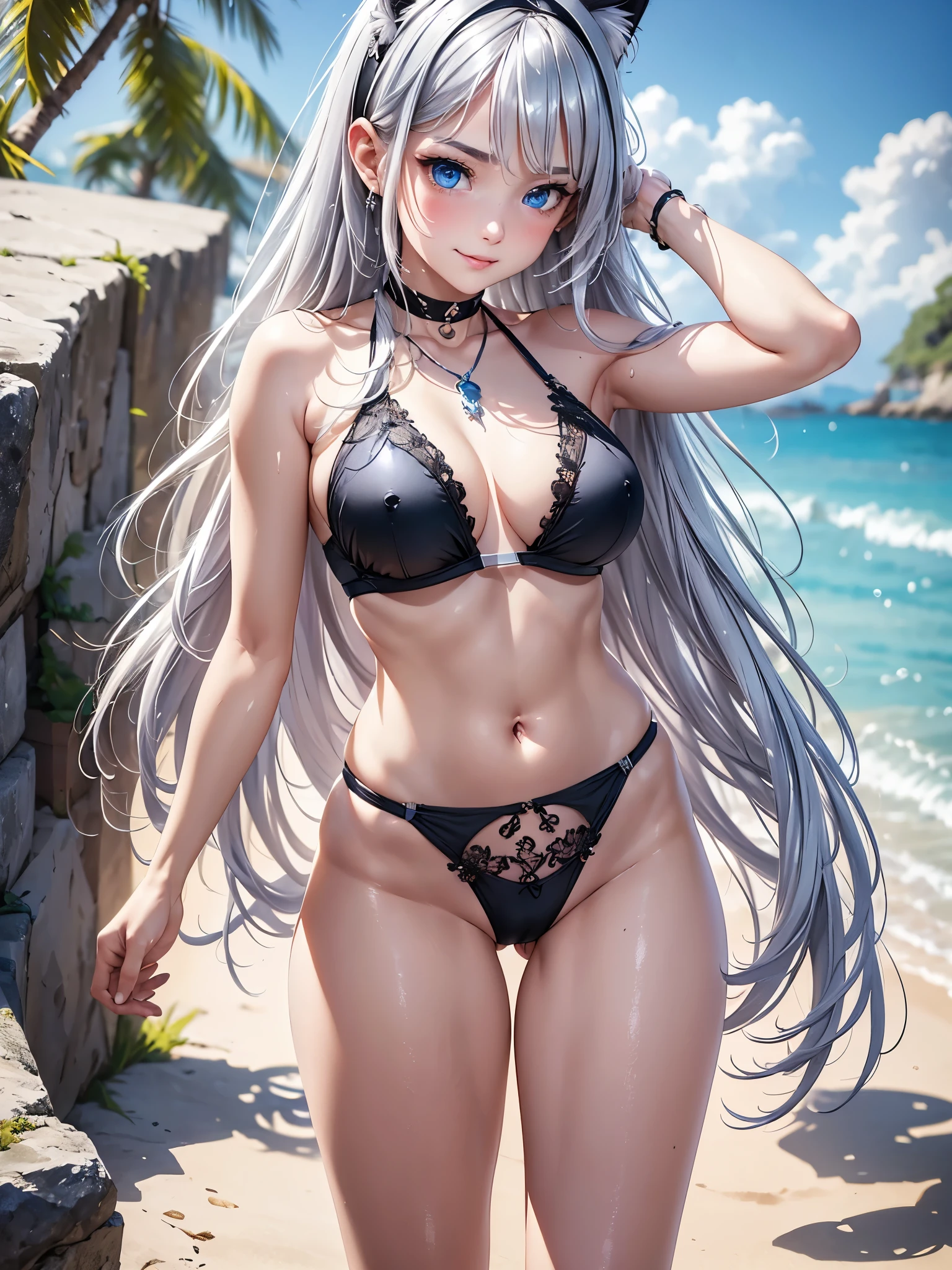 (masterpiece:1.3), (8K、photorealistic, Raw photo, best quality:1.4), (1 girl), (solo), (15 year old beautiful silver-haired Scandinavian girl), (Very beautiful and attractive woman, beautiful silver hair、intense blue eyes, strong eye highlights), (cute, little:1.5), (very beautiful face:1.5), (Beautiful face with perfect symmetry:1.2), (cute face:1.5), (wonderful smile:1.2), (perfect anatomy), (high detail skin: 1.2), (natural breasts), (beautiful thighs), (Intense blue eyes), (Beautiful silver hair, medium length hair), crossed bangs, asymmetrical bangs, lip gloss, (accurate arm, five fingers, accurate legs), (Detailed black bikini swimsuit:1.2), (The bikini features detailed lacework., Decorated with silver embroidery), (Silver decorative headband, necklace), (Stylish high heels), Attractive, ultra high resolution, Super realistic, extremely detailed, golden ratio, Photorealistic anime girl rendering, Realistic anime 3D style, look at viewer, Summer coastal resort, Beautiful sea and flower background in the evening, ((beautiful smile)), (Cat ear)