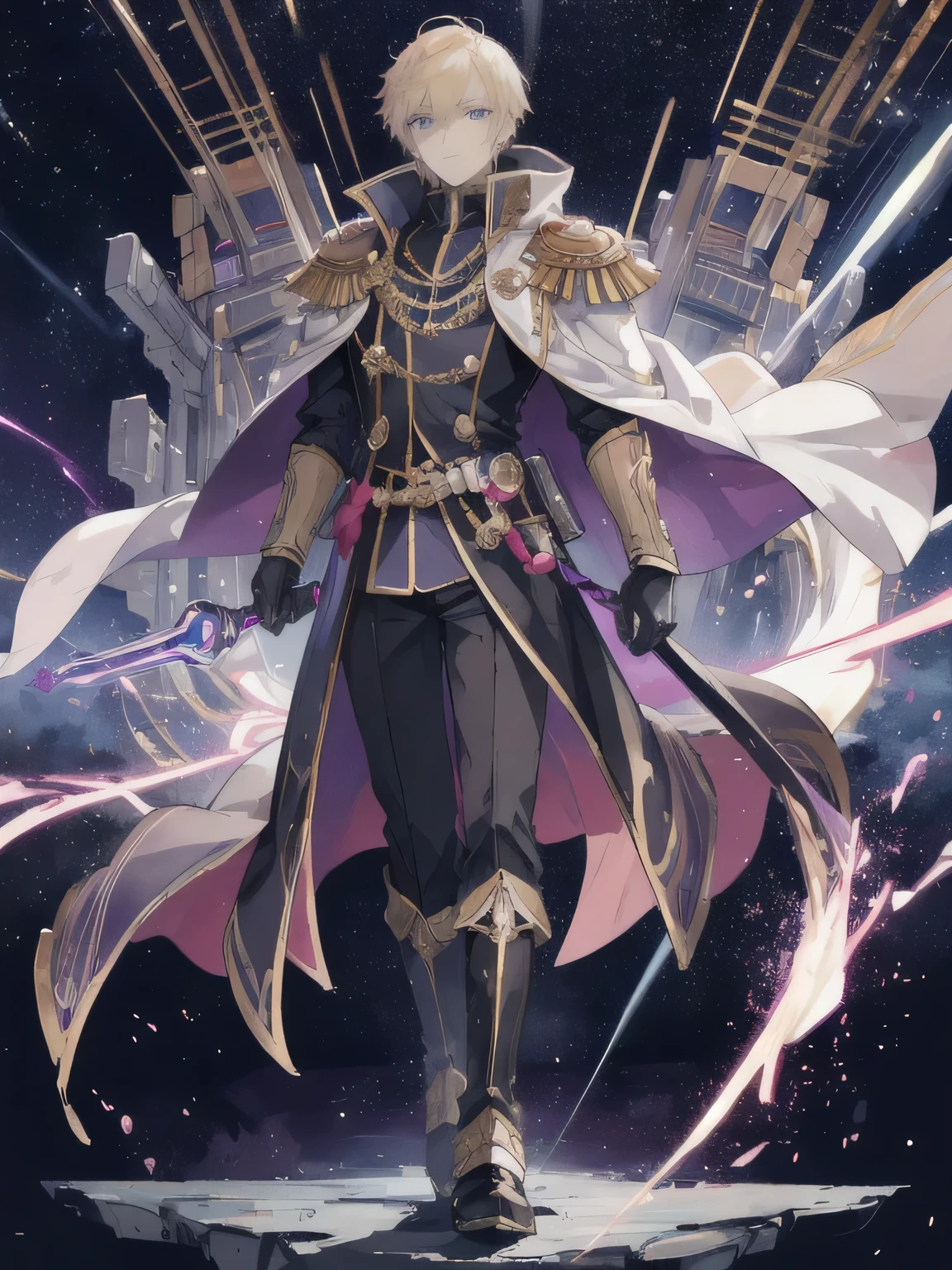 anime - style, (masterpiece:1.2, best quality:1.1), HD, best illustration, intricate details, 8K, anime - style, Masterpiece, best quality, wallpaper, standing on the bridge of a spaceship, 1_man, handsome, full body, looking away at camera, smirk, blonde hair, short hair length, blue eyes, officers coat, black gloves, lightning, energy, glowing eyes, purple robes, gold trim, Warhammer 40k, Detailed Face, Detailed Eyes, Space Wizard, Robes, Long Robes, Older Male, Man, 1man, dude, Full Body, Full Body, Boots,