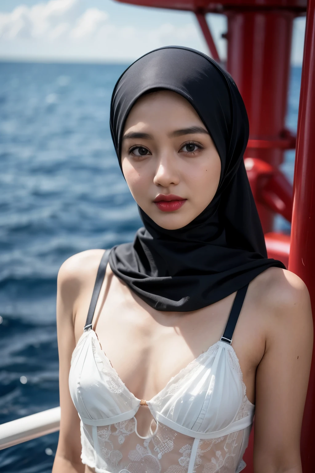 (Wearing Lingerie Top Suspender), (((HIJAB MALAY GIRL))), masutepiece, High quality, UHD 32K, Realistic face, Realistic skin feeling , A Japanese Lady, 8 , , Very cute and baby-like face, (((FLAT CHEST))), (MATRIX WORLD), ((look In front at the camera and SADNESS)), (((CUTE GIRL))), ((RED LIPS)), ((CHUBBY)), (undress, work welding iron on the oil rig , oil rig in the middle of the ocean
