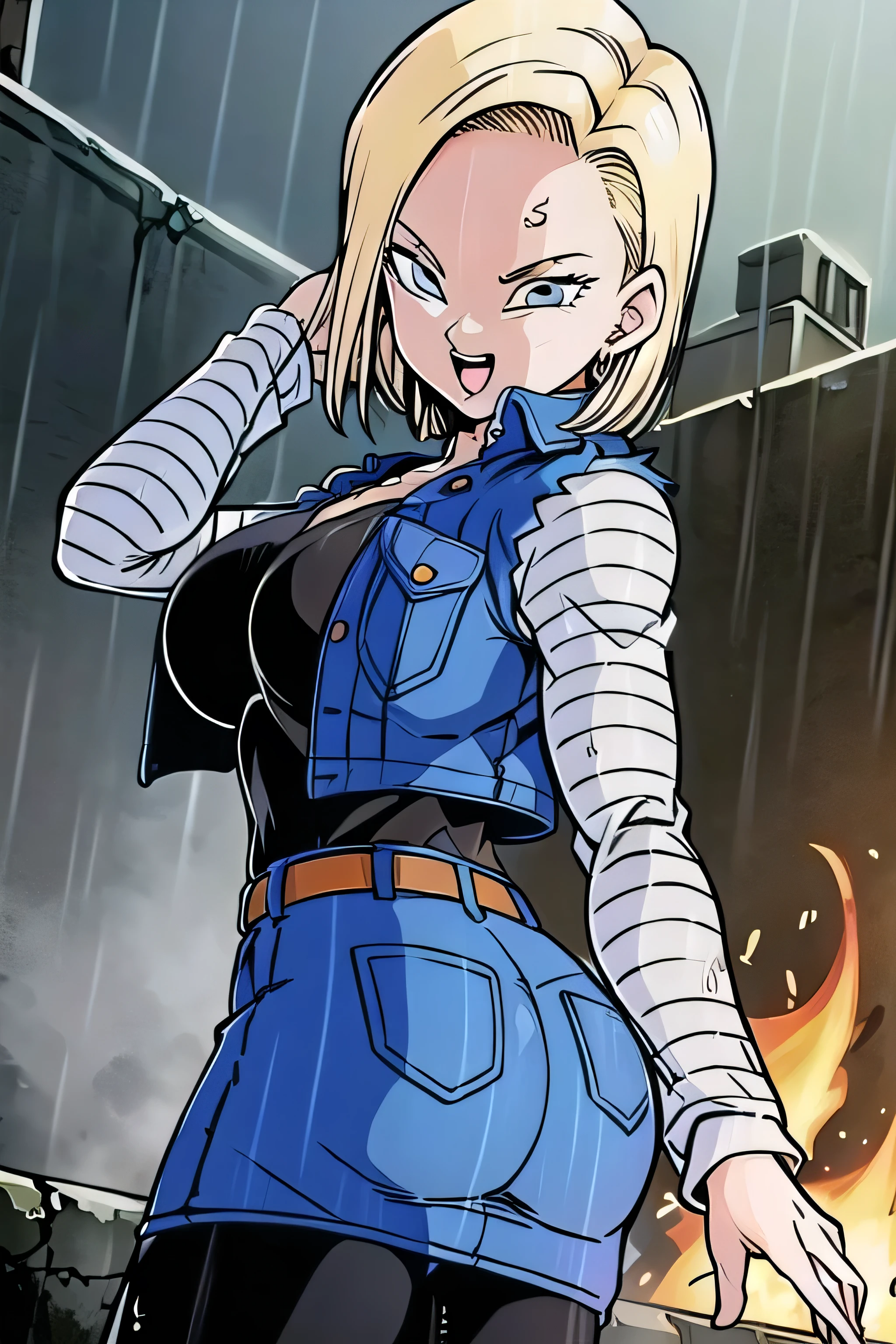 masterpiece, detailed face, retro artstyle, 1990s \(style\), 
android 18,  classic look, 1girl, solo, looking at viewer, short hair, blue eyes, blonde hair, collarbone, 
cowboy shot, (laughing), evil, touching hair,
fire, smoke, ruined city, wet hair, rain, 
black shirt, denim jacket, vest, striped sleeves, belt, denim skirt, black pantyhose, 
 ((nice ass)), ((large breasts))