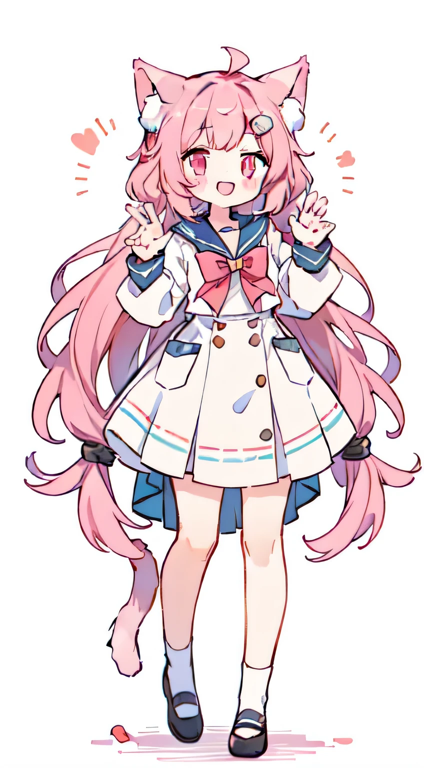 1 girl、((Whole BodyEsbian、standing pictures:1.2)), best quality、masterpiece、pink hair, long hair, two knots, Cat ear、Light color sailor suit、Fan band、laughter、cat pose、Slightly open smile、White background