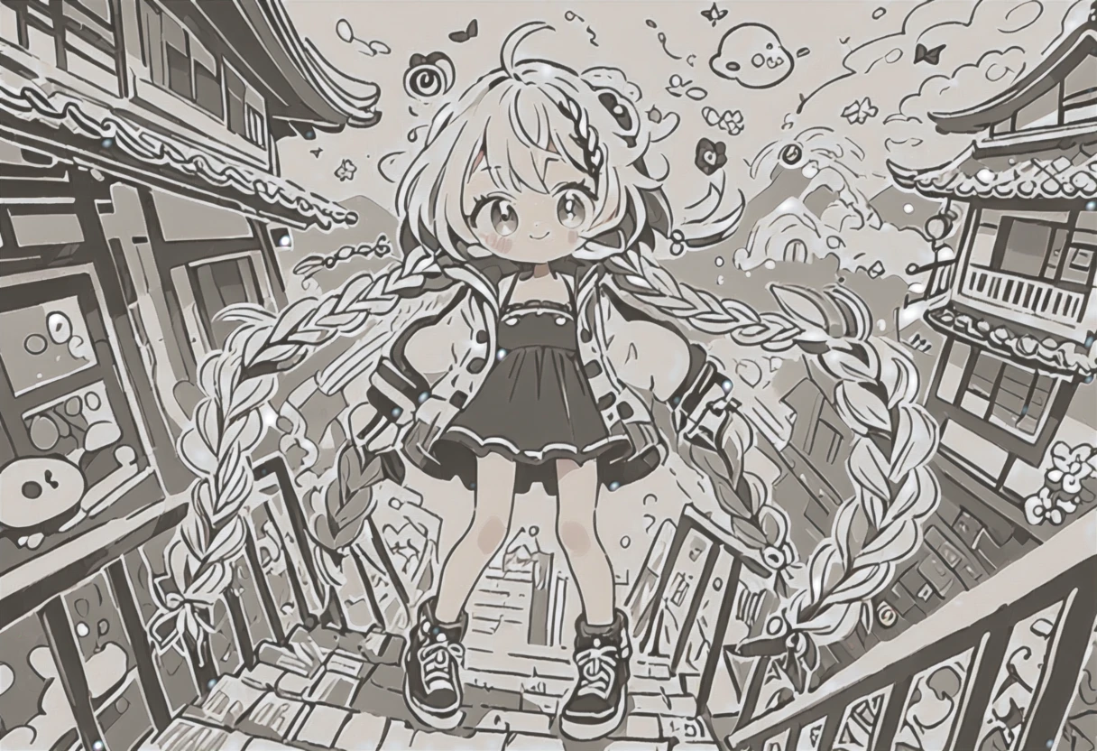 (lineart:2.0),(monochrome:2.0),(white and black),#quality(8k,wallpaper of extremely detailed CG unit, masterpiece,hight resolution,top-quality,top-quality real texture skin,hyper realisitic,increase the resolution,RAW photos,best qualtiy,highly detailed,the wallpaper),solo,#1 girl(cute, kawaii,small kid,swim wear,big breast,plait hair,messy hair,big eyes,full body,smirk,dynamic pose,dynamic angle),#background(at chinese town),from above,no color used at all