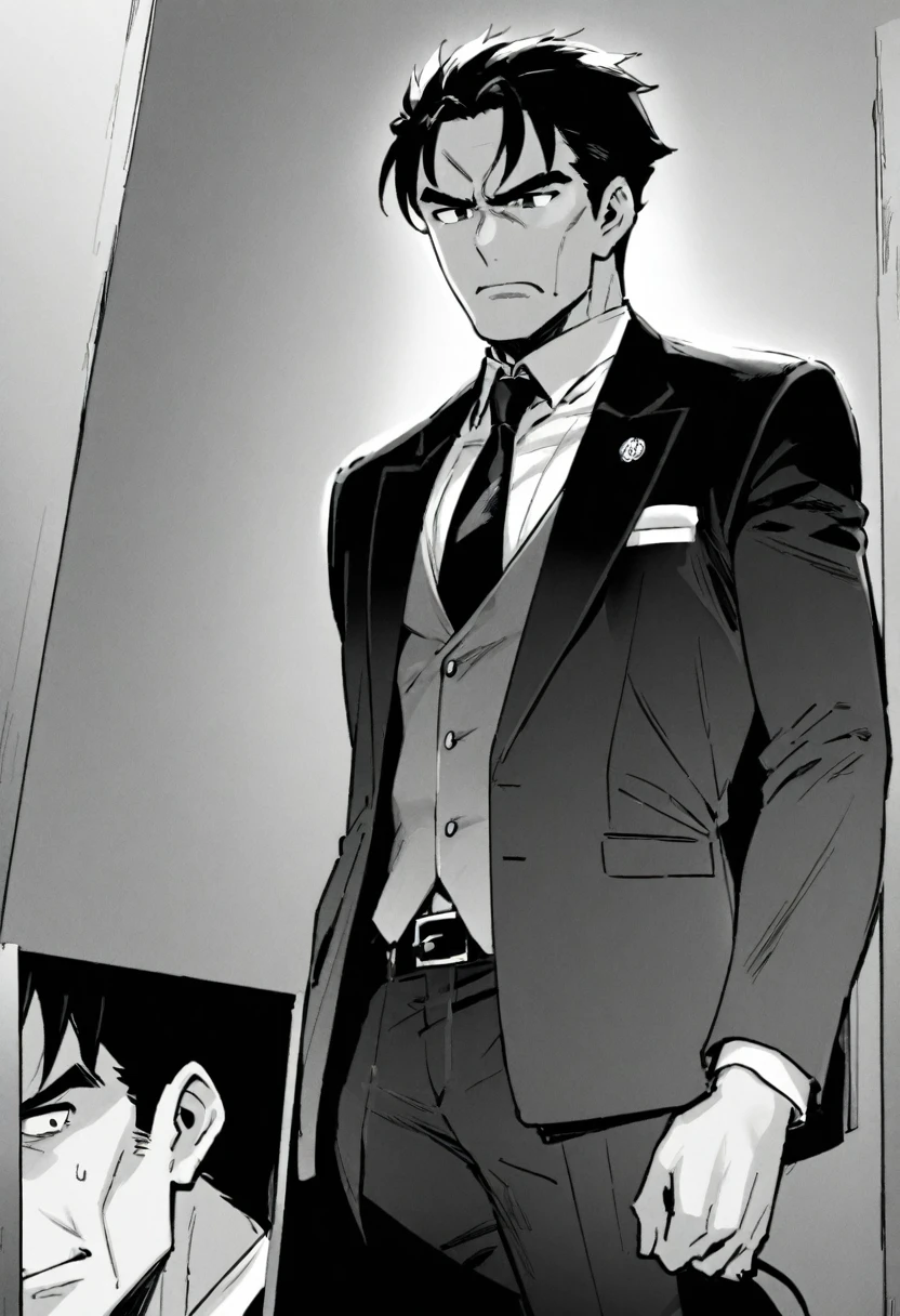 Manga drawing President Takashi is an imposing man, of medium height and robust physique. His face is marked by expression lines that testify to his leadership trajectory. Its wide and progressively wrinkled forehead denotes an active and attentive mind. His deep and penetrating eyes, with a dark and serene tone, reveal the determination and resolution that characterize his personality.
His facial expression is serene but determined, revealing a calm and confident leadership. President Takashi's skin is predominantly tan, denoting his exposure to the sun and the aggressive elements of public life. His chin is firm and defined, demonstrating his determination and strength of character. His lips are thin. Her black hair, lightly flecked with gray streaks, is styled with fashion and precision, displaying a professional and polished appearance. He usually opts for a classic cut, which reflects his conservative and traditional approach to public image. Dressed in a tailored suit, President Takashi exudes an aura of authority and sophistication. His manners are always impeccably careful, reflecting his attention to detail and his commitment to representing his worthy position. A discreet but elegant tie completes his look, adding a touch of refined style to his statesmanlike image. in the style of lora marvin, manga, medium shot, grayscale, monochrome, detailed face
