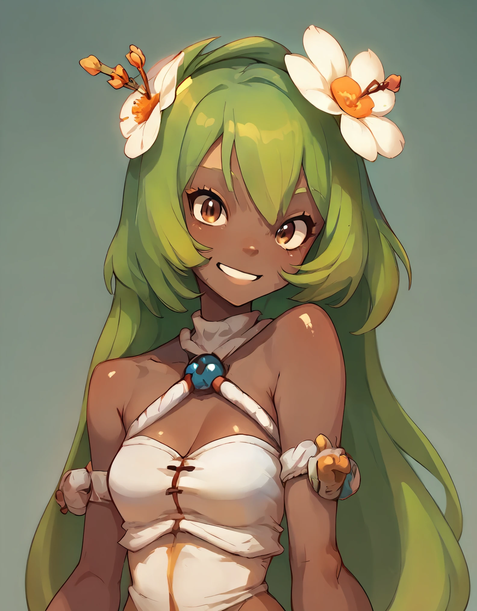 score_9, score_8_up, score_7_up, score_6_up, BREAK, source_cartoon, source_anime, 1girl, amaliayoung, amalia sheran sharm,, green hair, long hair, hair flower, dark skin, bare shoulders, tube top, upper body, smile, looking at viewer, solo, simple background