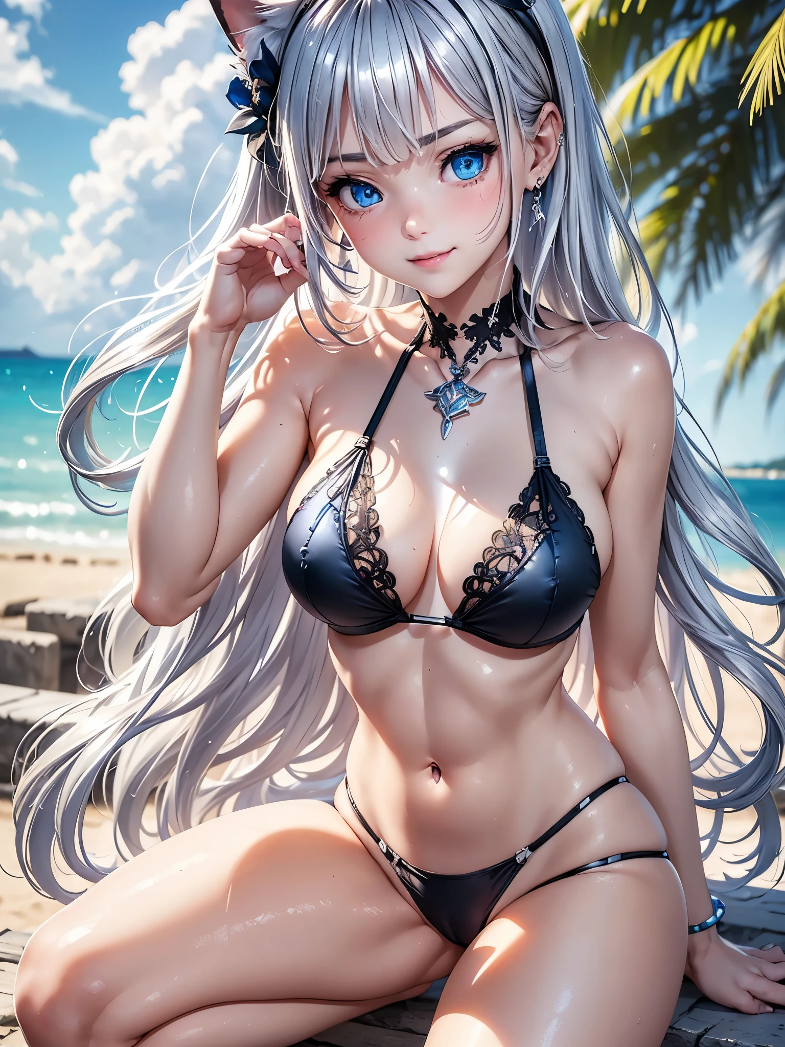(masterpiece:1.3), (8K、photorealistic, Raw photo, best quality:1.4), (1 girl), (solo), (15 year old beautiful silver-haired Scandinavian girl), (Very beautiful and attractive woman, beautiful silver hair、intense blue eyes, strong eye highlights), (cute, little:1.5), (very beautiful face:1.5), (Beautiful face with perfect symmetry:1.2), (cute face:1.5), (wonderful smile:1.2), (perfect anatomy), (high detail skin: 1.2), (natural breasts), (beautiful thighs), (Intense blue eyes), (Beautiful silver hair, medium length hair), crossed bangs, asymmetrical bangs, lip gloss, (accurate arm, five fingers, accurate legs), (Detailed black bikini swimsuit:1.2), (The bikini features detailed lacework., Decorated with silver embroidery), (Silver decorative headband, necklace), (Stylish high heels), Attractive, ultra high resolution, Super realistic, extremely detailed, golden ratio, Photorealistic anime girl rendering, Realistic anime 3D style, look at viewer, Summer coastal resort, Beautiful sea and flower background in the evening, ((beautiful smile)), (Cat ear)