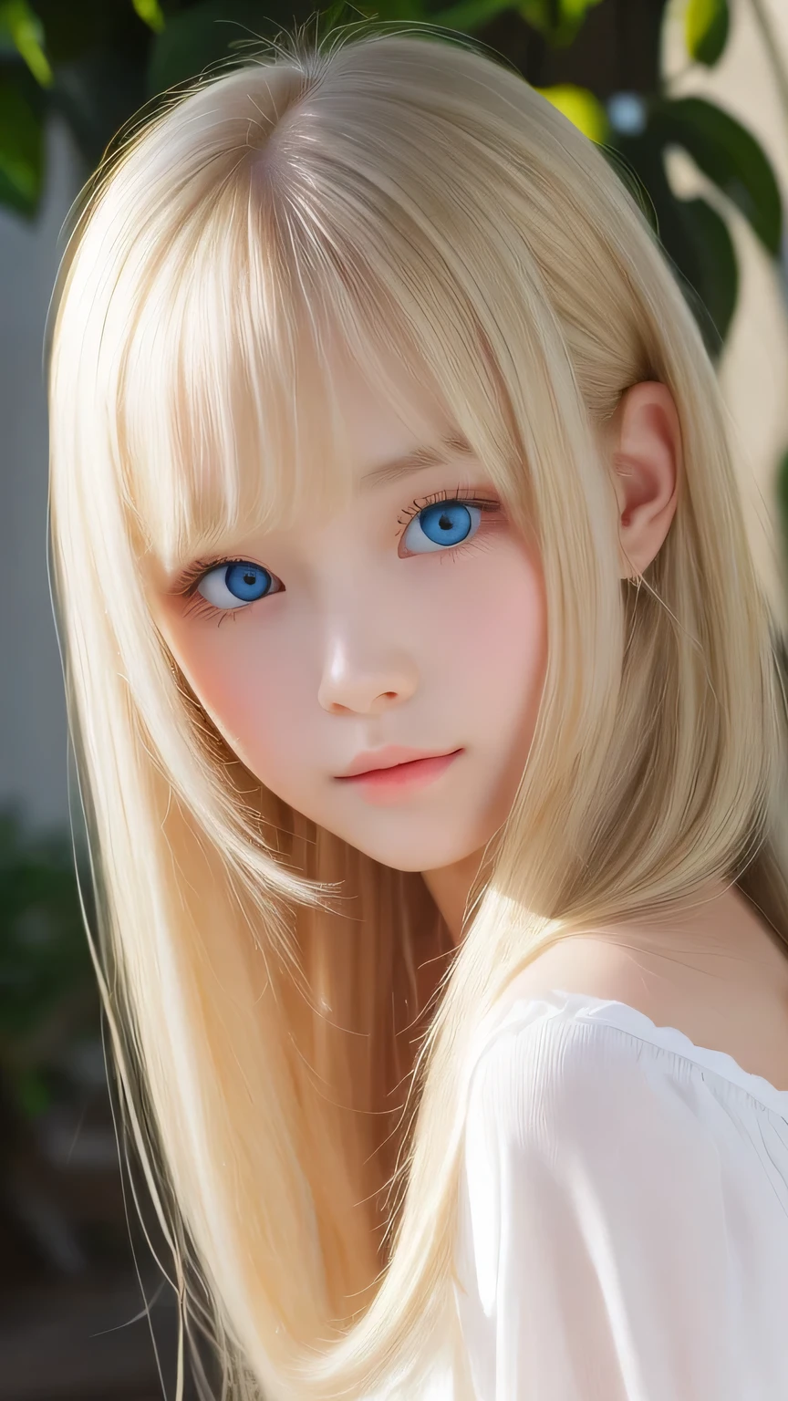 perfect beautiful face、20 year old beautiful cute girl、Sexy and very beautiful cute face、beautiful cute sexy sky blue eyes、very super long beautiful shiny silky straight pearl blonde hair、Super long beautiful bangs、white skin、Shiny skin、gross face、cheek gloss、hair above eyes、片hair above eyes、hair between eyes、