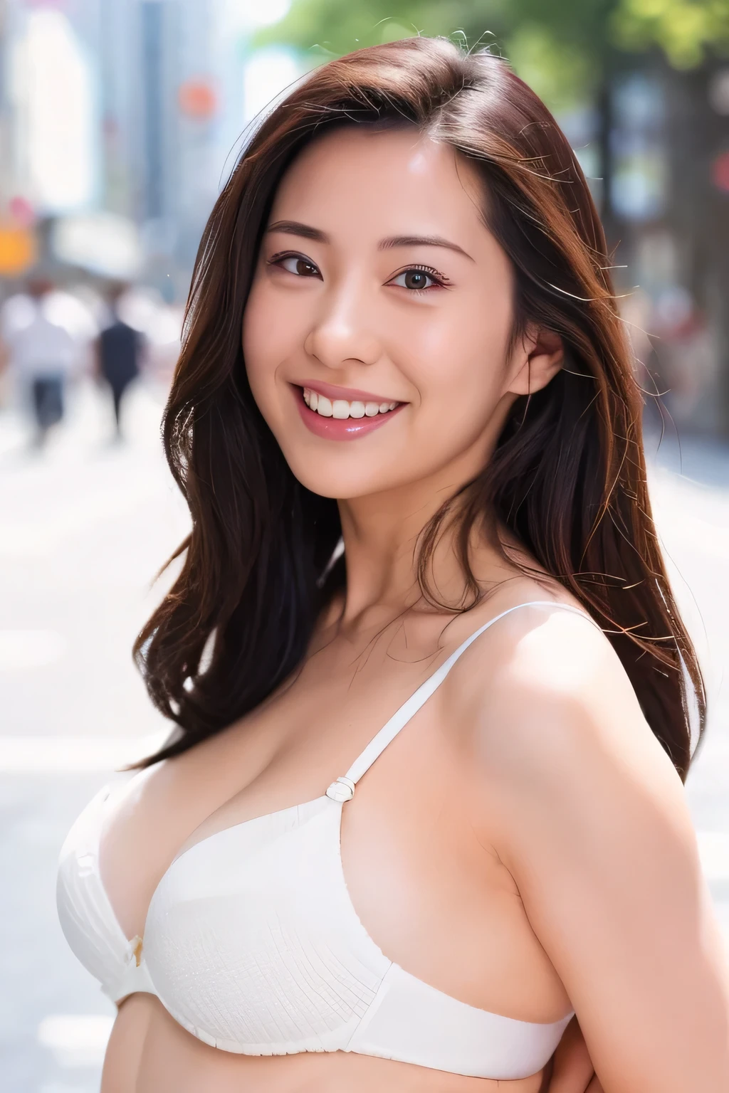 NSFW:1.5,((highest quality、8K resolution、master masterpiece、portrait:1.3)), Photoreal, 35mm film, 1 Japanese female, Upper body、on the street during the day, wrinkles around the eyes、plump body、black hair、smile,((white bra_panties:1.3)) , (outdoor:city street 1.3), jumbled background,look at the audience,Tokyo cityscape:1.3,smile