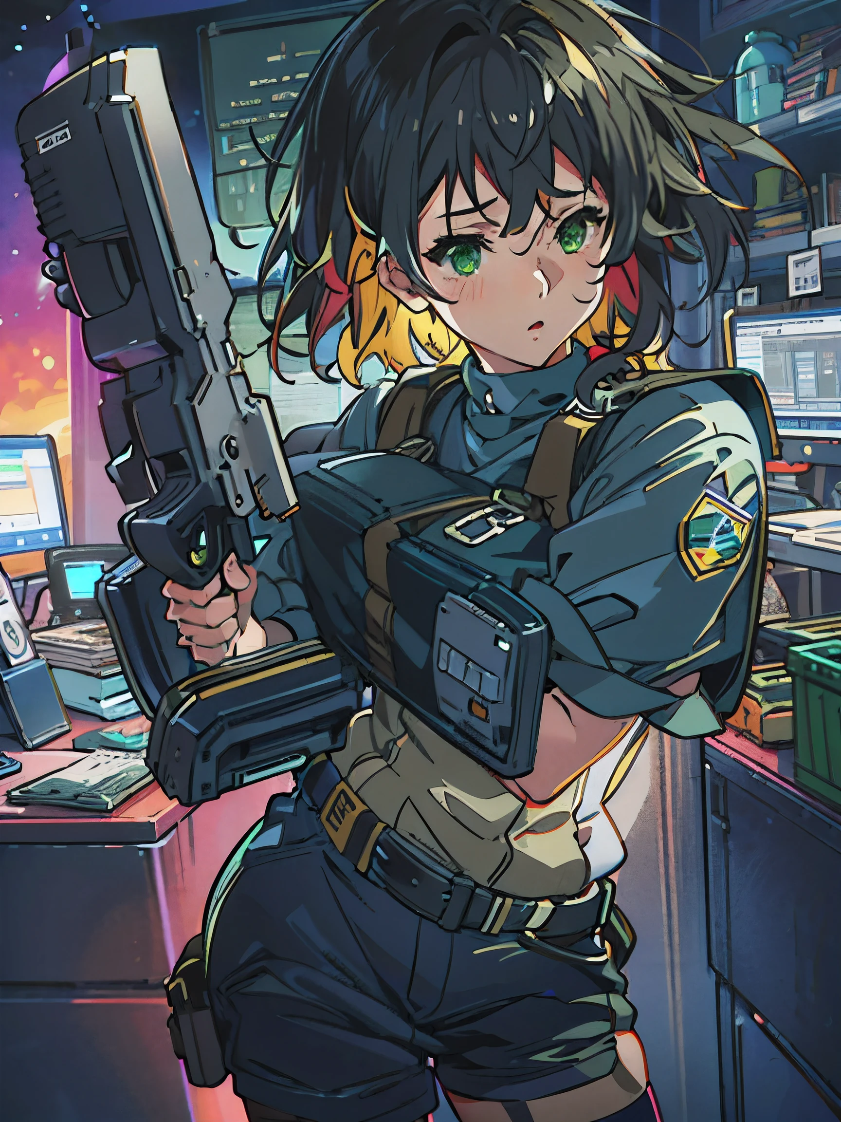 (masterpiece,best quality,ultra-detailed), anime, award winning, ccurate, UHD, textured skin, chromatic aberration, Fujicolor, 1 short girl using a handgun, 15 years old, short black hair, green eyes, wearing a bulletproof vest, shooting at night in the office