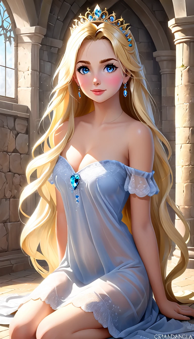 Esmeralda, 18 years old, long blonde hair like gold, blue eyes like the brilliance of a diamond, big breasts, naked, sad because someone from her own family was about to rape her while she was on the floor of the castle in her older sister&#39;s room. 