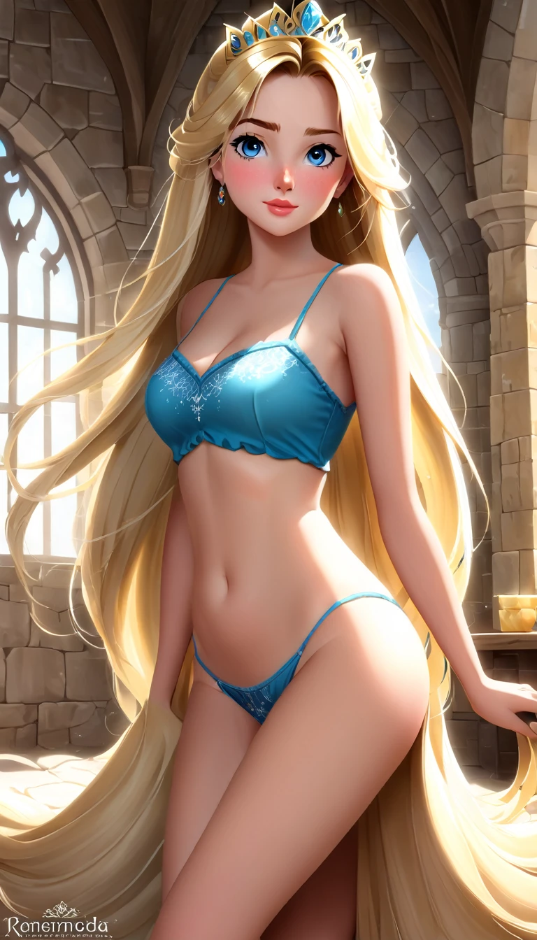 Esmeralda, 18 years old, long blonde hair like gold, blue eyes like the brilliance of a diamond, big breasts, naked, sad because someone from her own family was about to rape her while she was on the floor of the castle in her older sister's room.