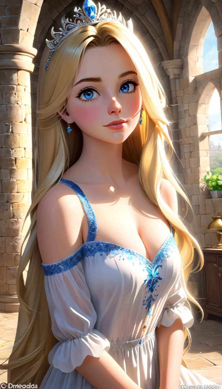 Esmeralda, 18 years old, long blonde hair like gold, blue eyes like the brilliance of a diamond, big breasts, naked, sad because someone from her own family was about to rape her while she was on the floor of the castle in her older sister&#39;s room. 