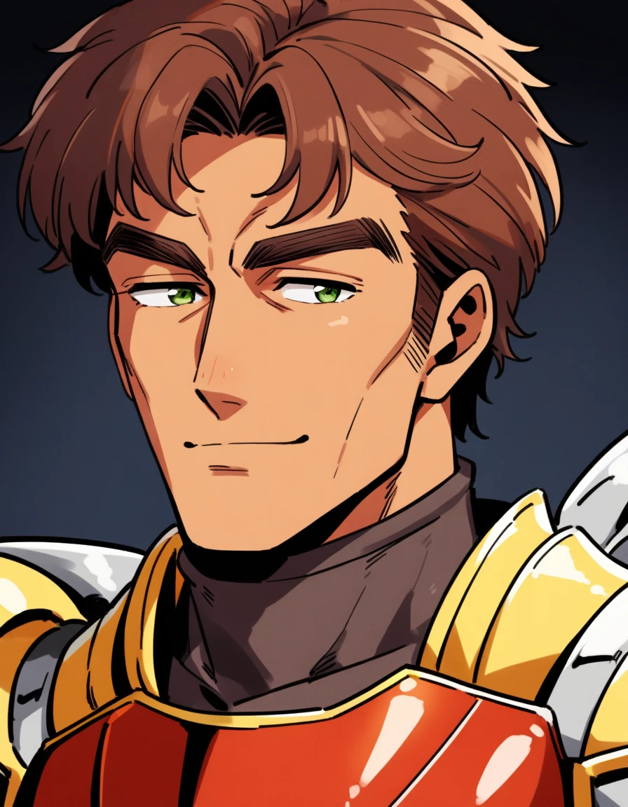 1980s, 1father, musclar Knight, solo, parted bangs, upper waist, 40yo, brown hair, evergreen eyes, red full plate armor, thick brown eyebrow, sanpaku, tanned skin, small eyes, [facial wrinkles], visual novel, light smile, top of head in frame, short haired male