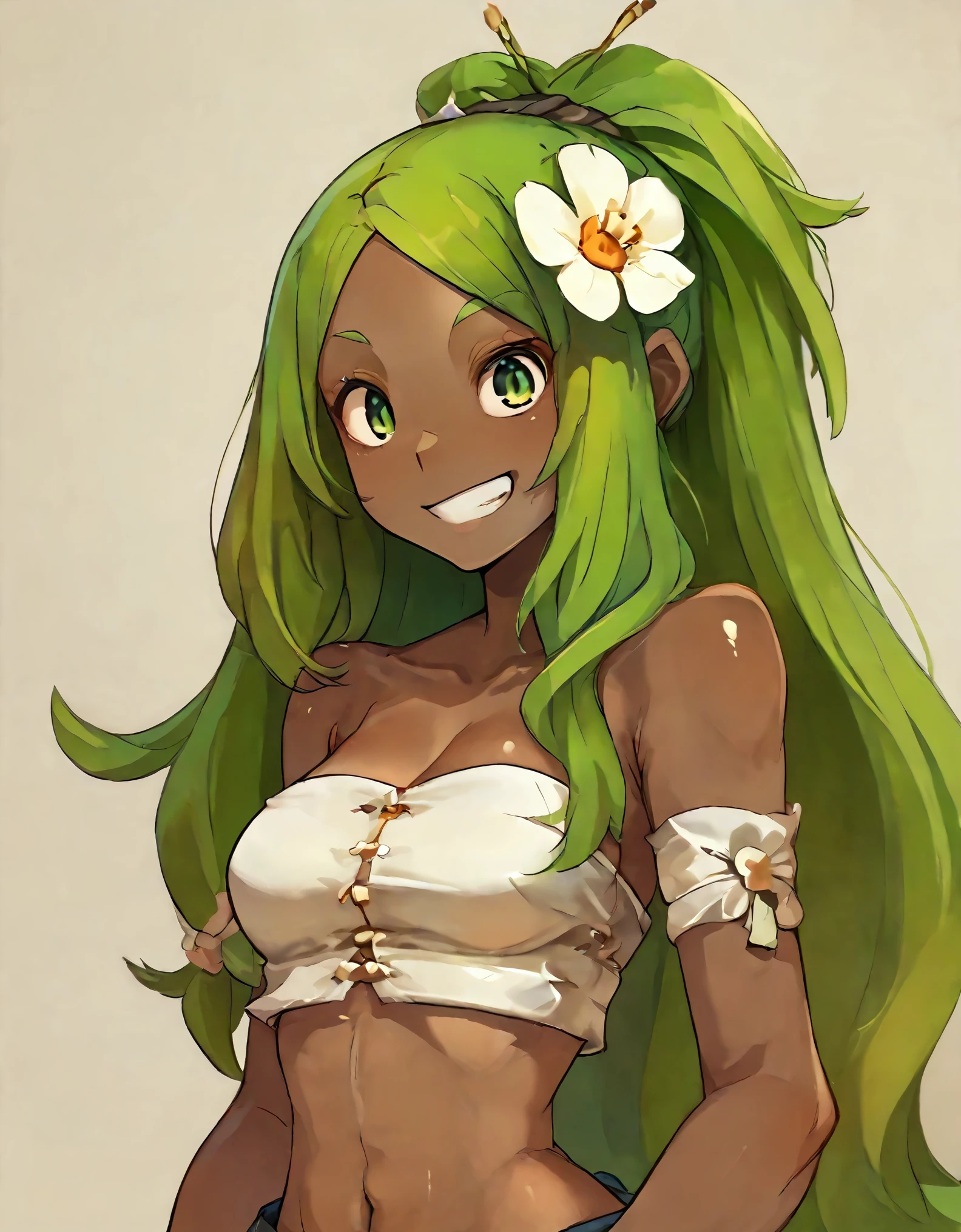 score_9, score_8_up, score_7_up, score_6_up, BREAK, source_cartoon, source_anime, 1girl, amaliayoung, amalia sheran sharm,, green hair, long hair, hair flower, dark skin, bare shoulders, tube top, upper body, smile, looking at viewer, solo, simple background