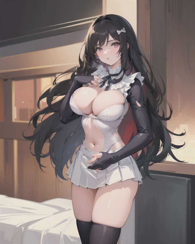 A girl with big breasts is standing in a bedroom. Her chest and abdomen are exposed. She is wearing a . The girl is the main focus of the portrait, with ultra-detailed and realistic features, including beautiful detailed eyes and lips. The lighting in the bedroom is natural, creating a soft and warm atmosphere. The image is of the best quality, with a 4k resolution and high level of detail, making it a masterpiece. The overall color scheme is soft and warm, complementing the natural lighting.