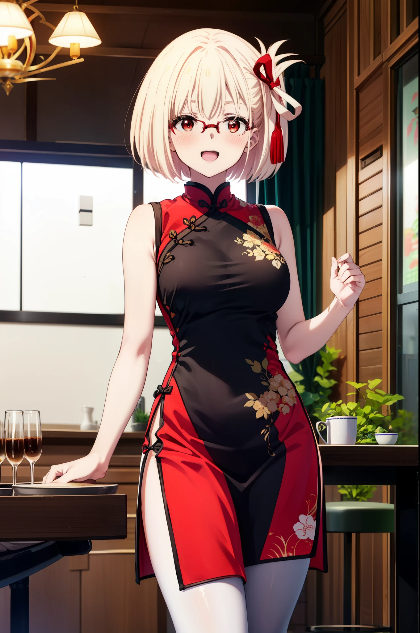 chisatonishikigi, Chisato Nishikigi, short hair, bangs, blonde hair, (red eyes:1.5), hair ribbon, one side up, bob cut,happy smile, smile, open your mouth,blush,
Sleeveless red Chinese dress,Red long slit,white pantyhose,stiletto heels,Akabuchi Glasses,Tables and chairs, cleaning, tray, tray in one hand
break indoors,Chinese style coffee shop,
break looking at viewer, whole body,(cowboy shot:1.5),
break (masterpiece:1.2), highest quality, High resolution, unity 8k wallpaper, (figure:0.8), (detailed and beautiful eyes:1.6), highly detailed face, perfect lighting, Very detailed CG, (perfect hands, perfect anatomy),