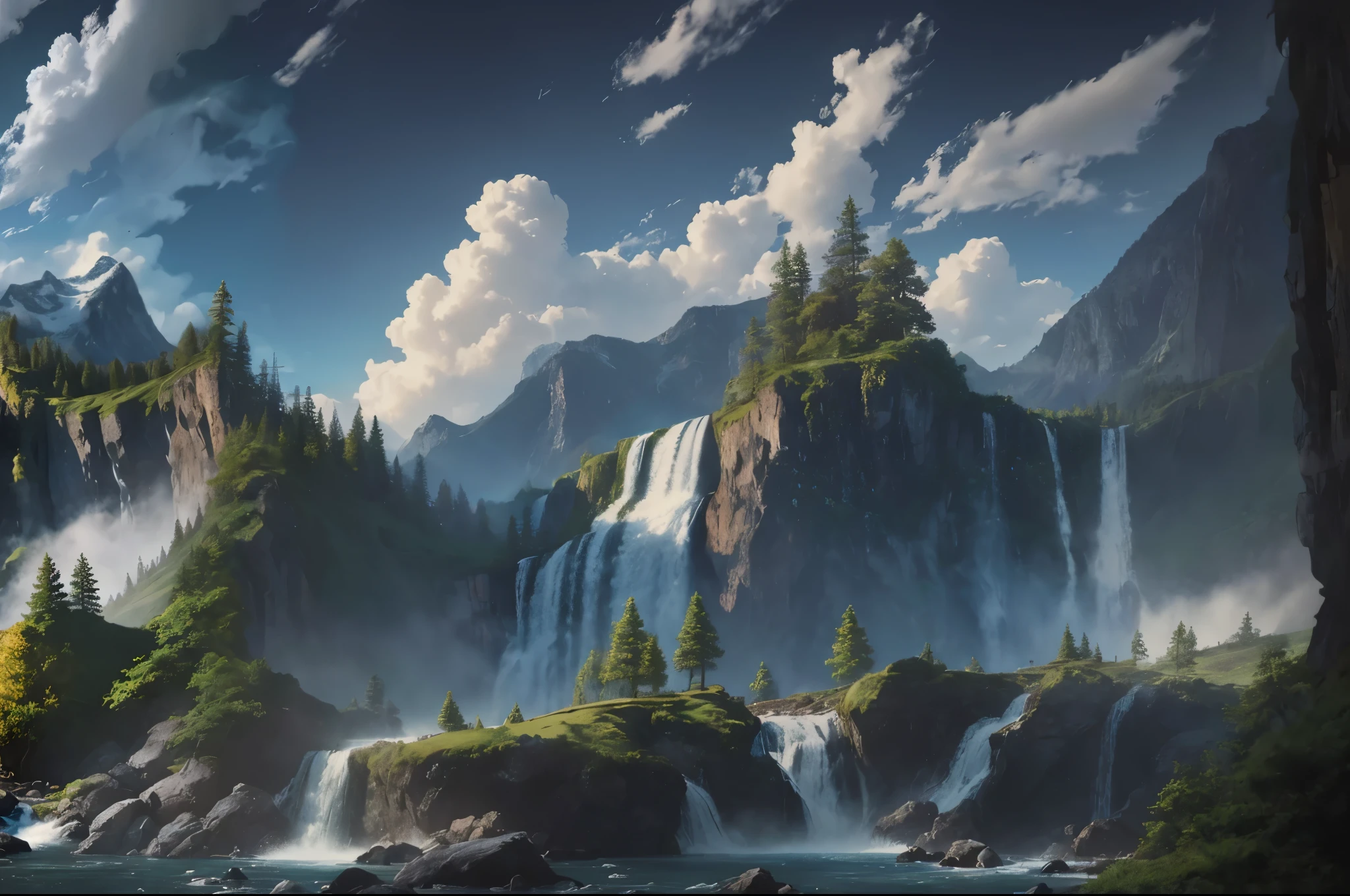 (Realistic landscape painting) + (clear blue sky) + (mountain) + (waterfall) + (forest) + (beautiful) + (healing) + (extreme details) + (high quality )+(8k art wallpaper), nature, with soft light and extreme details, warm and beautiful, smooth, masterpiece,