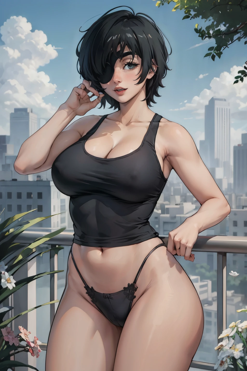 digital art, Himeno, masterpiece, best quality, sexy pose, at the balcony, tank top, panties