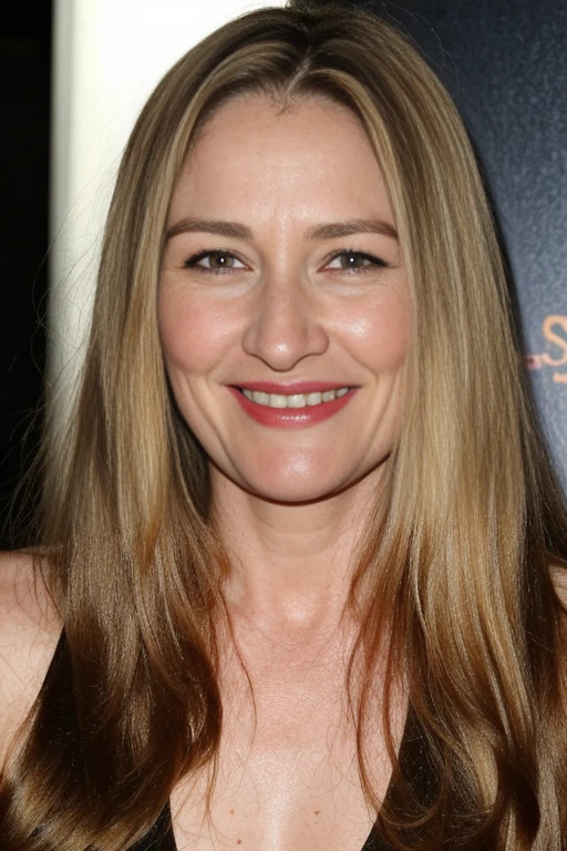 Carice van Houten, 1girl, solo, realistic, mature woman, old woman, wrinkled body and face, sagging skin, (((60 years old))), (((wrinkles))), (ugly face:1.4), (((curvy body))), (((blonde long straight hair))), smile, homemade photo, grainy, dark lighting, amateur photo, (Instagram photo), film grainy