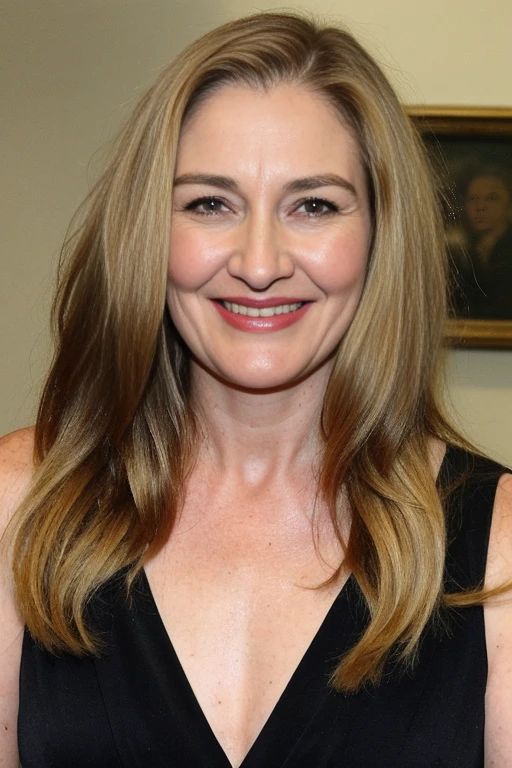 Carice van Houten, 1girl, solo, realistic, mature woman, old woman, wrinkled body and face, sagging skin, (((60 years old))), (((wrinkles))), (ugly face:1.4), (((curvy body))), (((blonde long straight hair))), smile, homemade photo, grainy, dark lighting, amateur photo, (Instagram photo), film grainy
