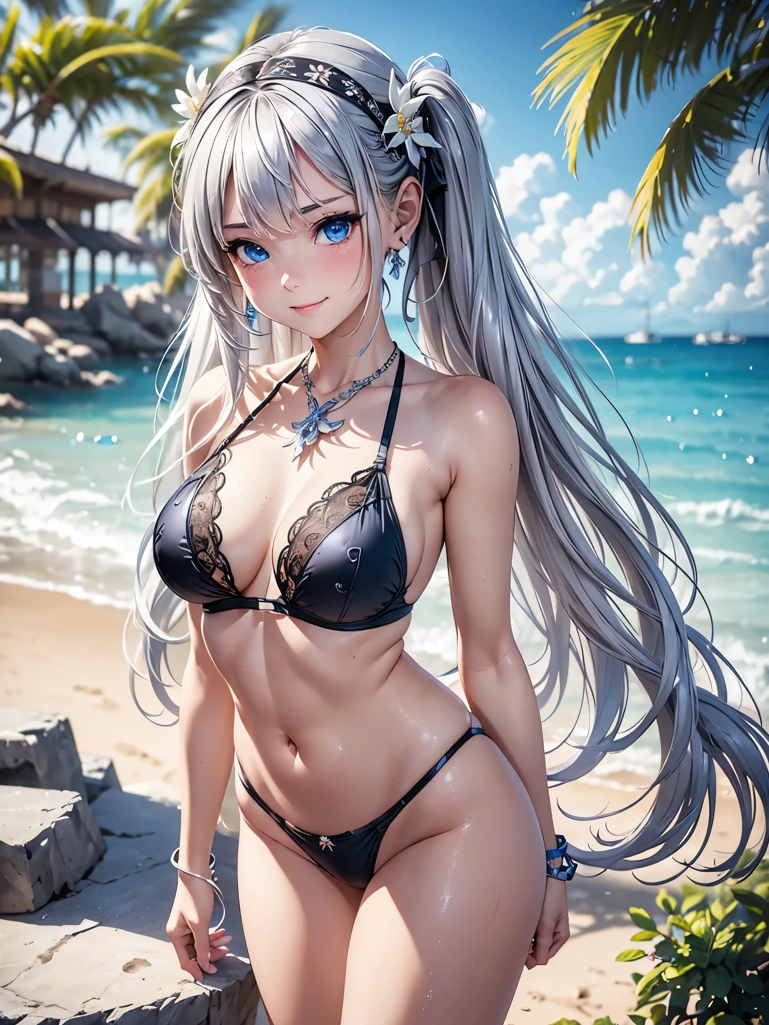 (masterpiece:1.3), (8K、photorealistic, Raw photo, best quality:1.4), (1 girl), (solo), (15 year old beautiful silver-haired Scandinavian girl), (Very beautiful and attractive woman, beautiful silver hair、intense blue eyes, strong eye highlights), (cute, little:1.5), (very beautiful face:1.5), (Beautiful face with perfect symmetry:1.2), (cute face:1.5), (wonderful smile:1.2), (perfect anatomy), (high detail skin: 1.2), (natural breasts), (beautiful thighs), (Intense blue eyes), (Beautiful silver hair), ((twin tail hair)), crossed bangs, asymmetrical bangs, lip gloss, (accurate arm, five fingers, accurate legs), (Detailed black bikini swimsuit:1.2), (The bikini features detailed lacework., Decorated with silver embroidery), (Silver decorative headband, necklace), (Stylish high heels), Attractive, ultra high resolution, Super realistic, extremely detailed, golden ratio, Photorealistic anime girl rendering, Realistic anime 3D style, look at viewer, Summer coastal resort, ((Beautiful sea and flower background in the evening)), ((beautiful smile)),