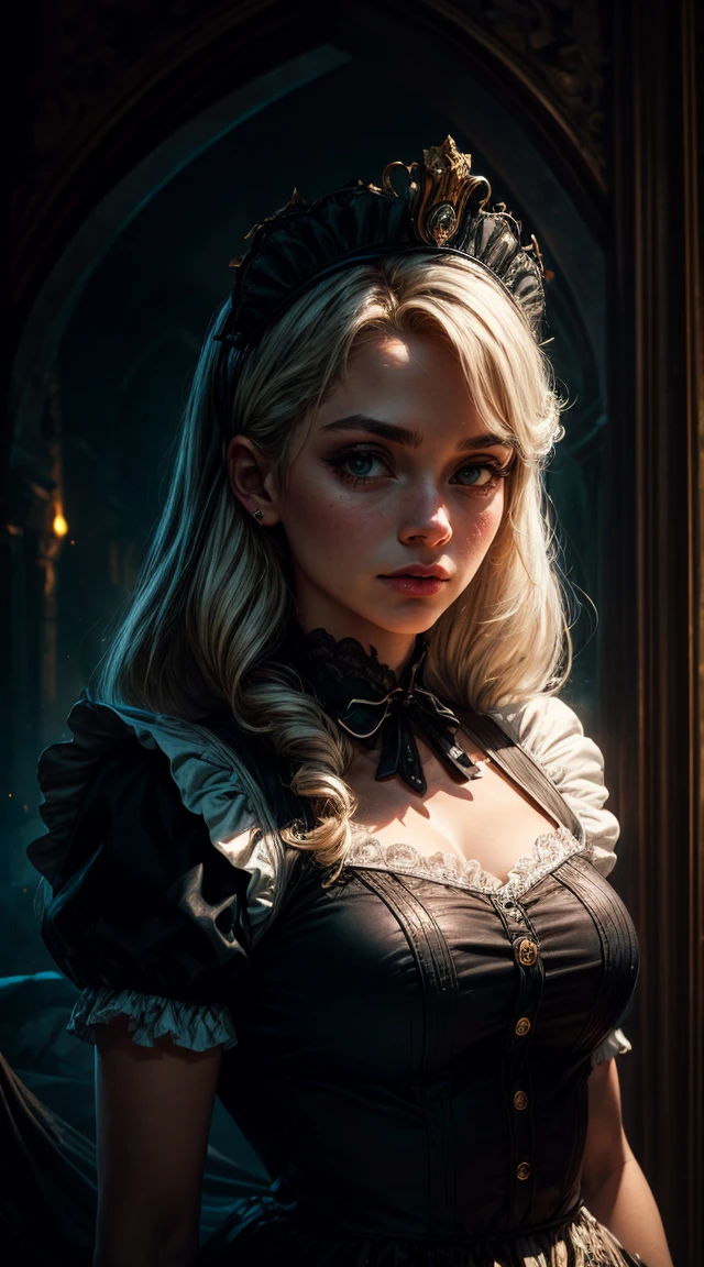 (In the Dark: 1.6), surreal female portrait by David Hockney and Alphonse Mucha, fantasy art, photorealism, dynamic lighting, artstation, poster, volumetric lighting, very detailed faces, 4k, Awarded, 1girl, in the dark, deep shadow, low key, cowboy lens, (maid outfit: 1.4), long hair, white hair, bust, luxurious palace, Royal style, crown on head,
