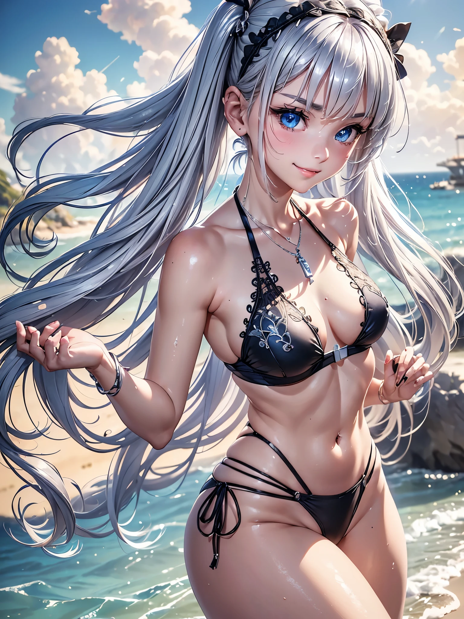 (masterpiece:1.3), (8K、photorealistic, Raw photo, best quality:1.4), (1 girl), (solo), (15 year old beautiful silver-haired Scandinavian girl), (Very beautiful and attractive woman, beautiful silver hair、intense blue eyes, strong eye highlights), (cute, little:1.5), (very beautiful face:1.5), (Beautiful face with perfect symmetry:1.2), (cute face:1.5), (wonderful smile:1.2), (perfect ), (high detail skin: 1.2), (natural ), (beautiful thighs), (Intense blue eyes), (Beautiful silver hair), ((twin tail hair)), crossed bangs, asymmetrical bangs, lip gloss, (accurate arm, five fingers, accurate legs), (Detailed black  swimsuit:1.2), (The  features detailed lacework., Decorated with silver embroidery), (Silver decorative headband, necklace), (Stylish high heels), Attractive, ultra high resolution, Super realistic, extremely detailed, golden ratio, Photorealistic anime girl rendering, Realistic anime 3D style, look at viewer, Summer coastal resort, ((Beautiful sea and flower background in the evening)), ((beautiful smile)),