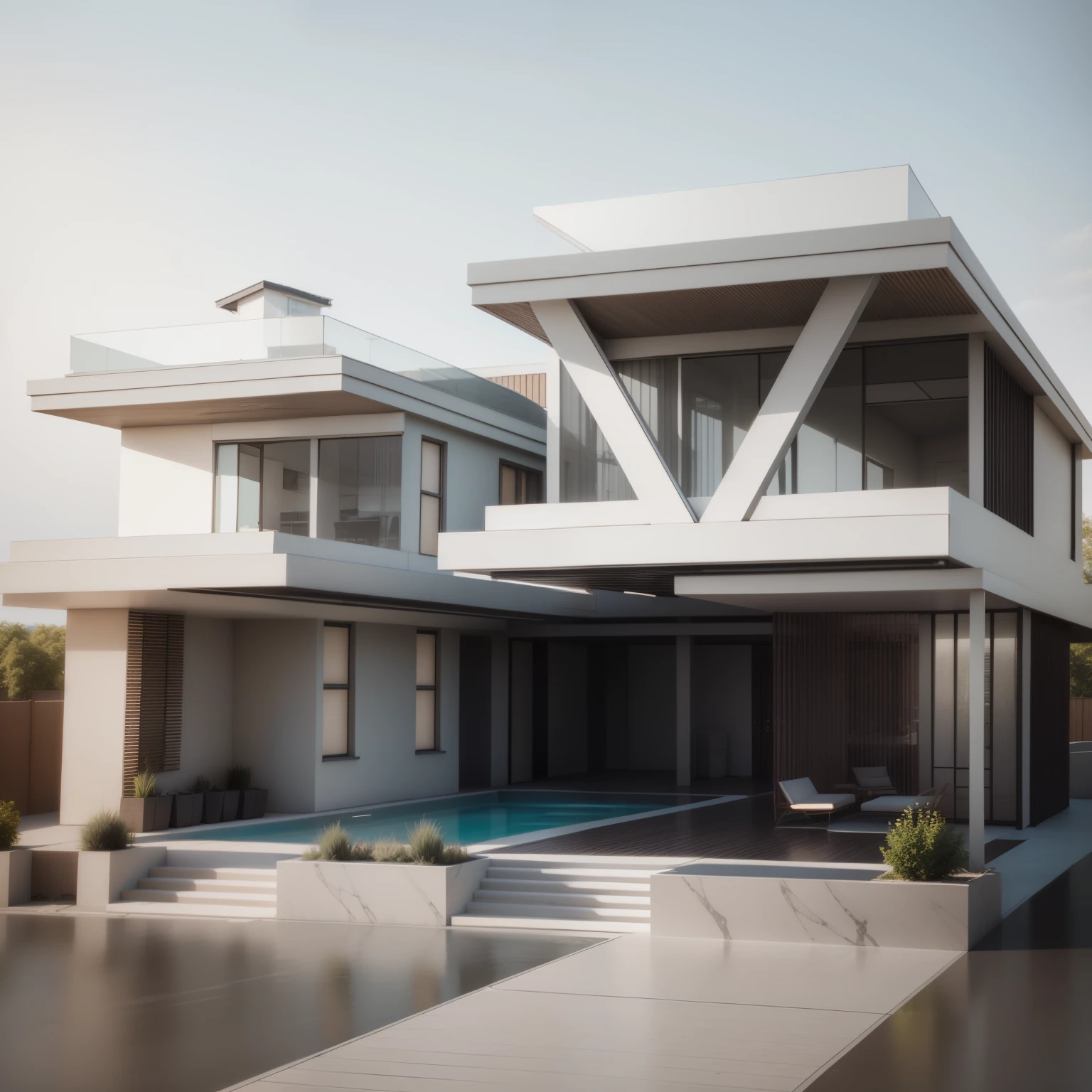 un rendu d'une maison moderne avec une piscine et un patio, rendu conceptuel, exterior design, conception résidentielle, rendu architecturaling, neotraditional modern, Detailed renderings, vue de face dramatique, Rendu 3D, rendu 3D, digital rendering, maison contemporaine, rendu architectural, precise rendu architecturaling, Detailed rendering, rendu tout blanc, rendu dramatique, rendu architectural 3D, Rendu CG